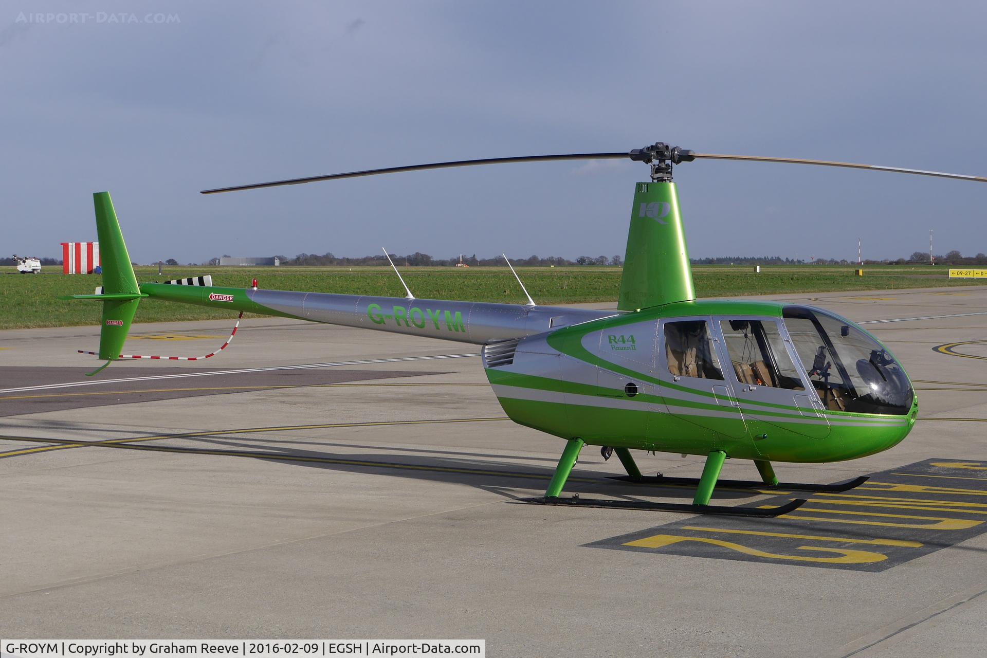 G-ROYM, 2008 Robinson R44 Raven II C/N 12295, Parked at Norwich.