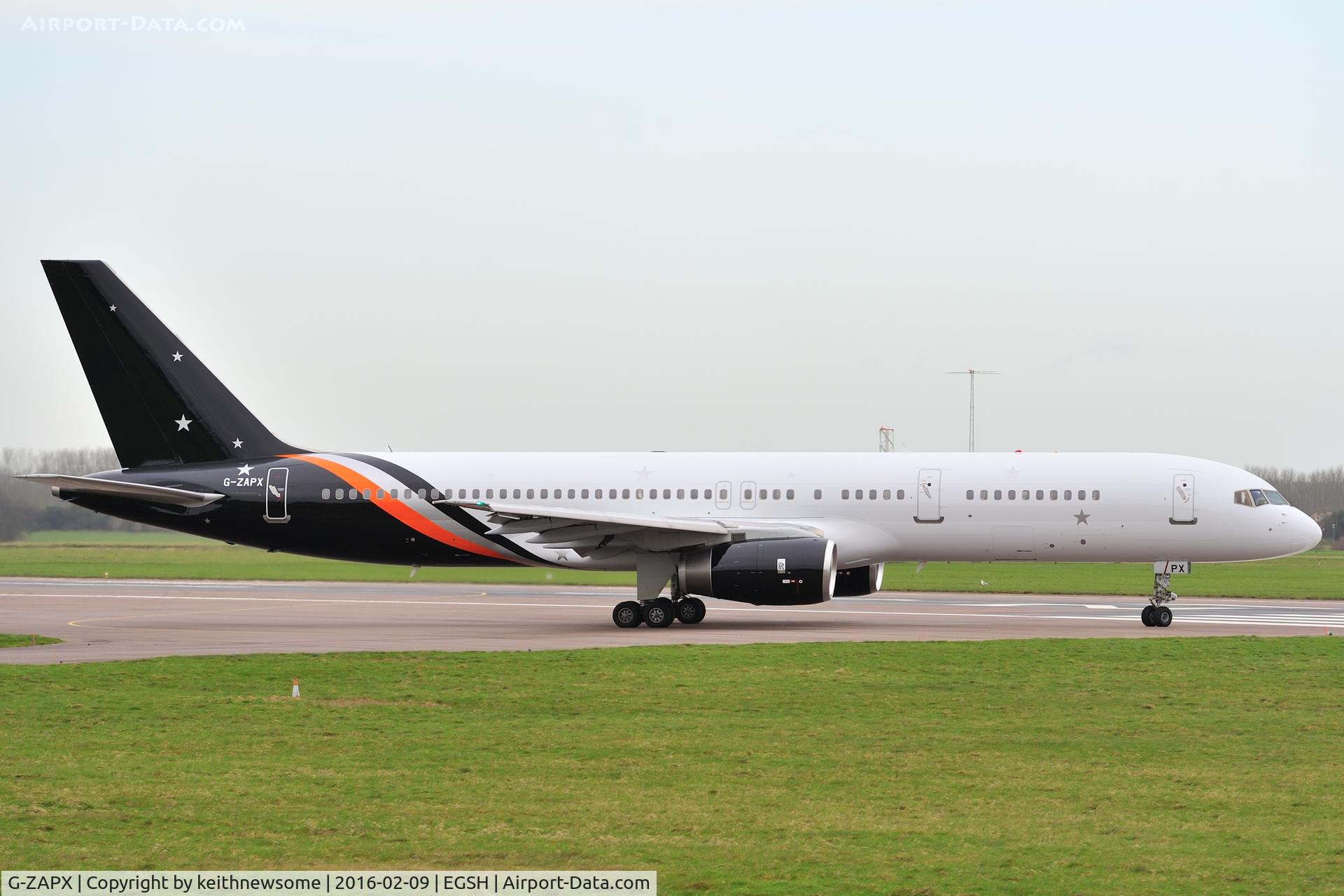 G-ZAPX, 2000 Boeing 757-256 C/N 29309, Leaving Norwich with revised colour scheme.