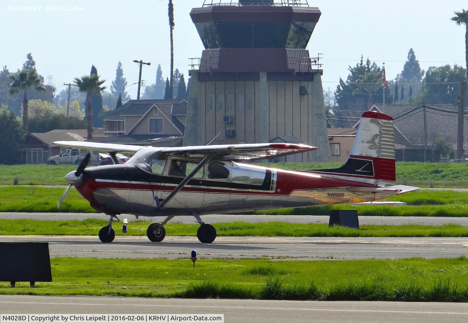 N4028D, 1957 Cessna 182A Skylane C/N 34728, Locally-based 1957 Cessna 182A clear of 31R, taxing back for more pattern work at Reid Hillview Airport, San Jose, CA.
