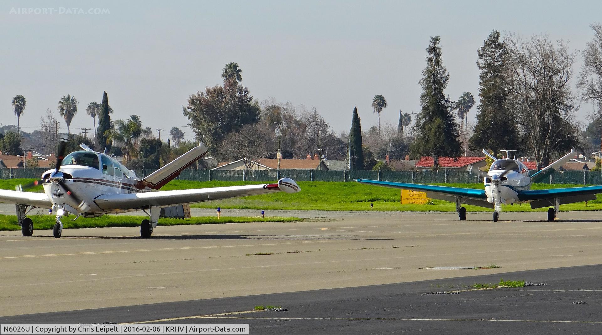 N6026U, 1979 Beech V35B Bonanza C/N D-10218, Salinas-based 1979 Beechcraft V35B Bonanza taxing in with another locally-based Bonanza 35 at Reid Hillview Airport, San Jose, CA.
