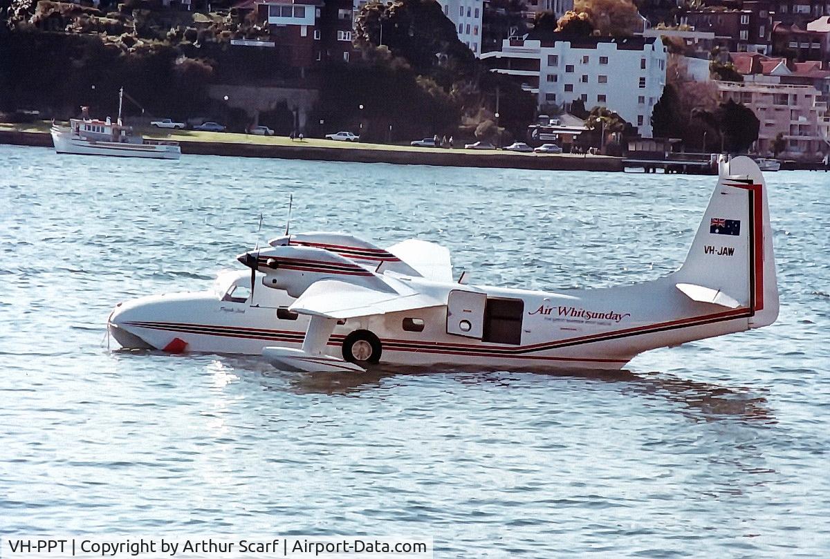 VH-PPT, 1947 Grumman G-73 Mallard C/N J-26, VH-JAW - now VH-PPT on Sydney Harbour c.1984