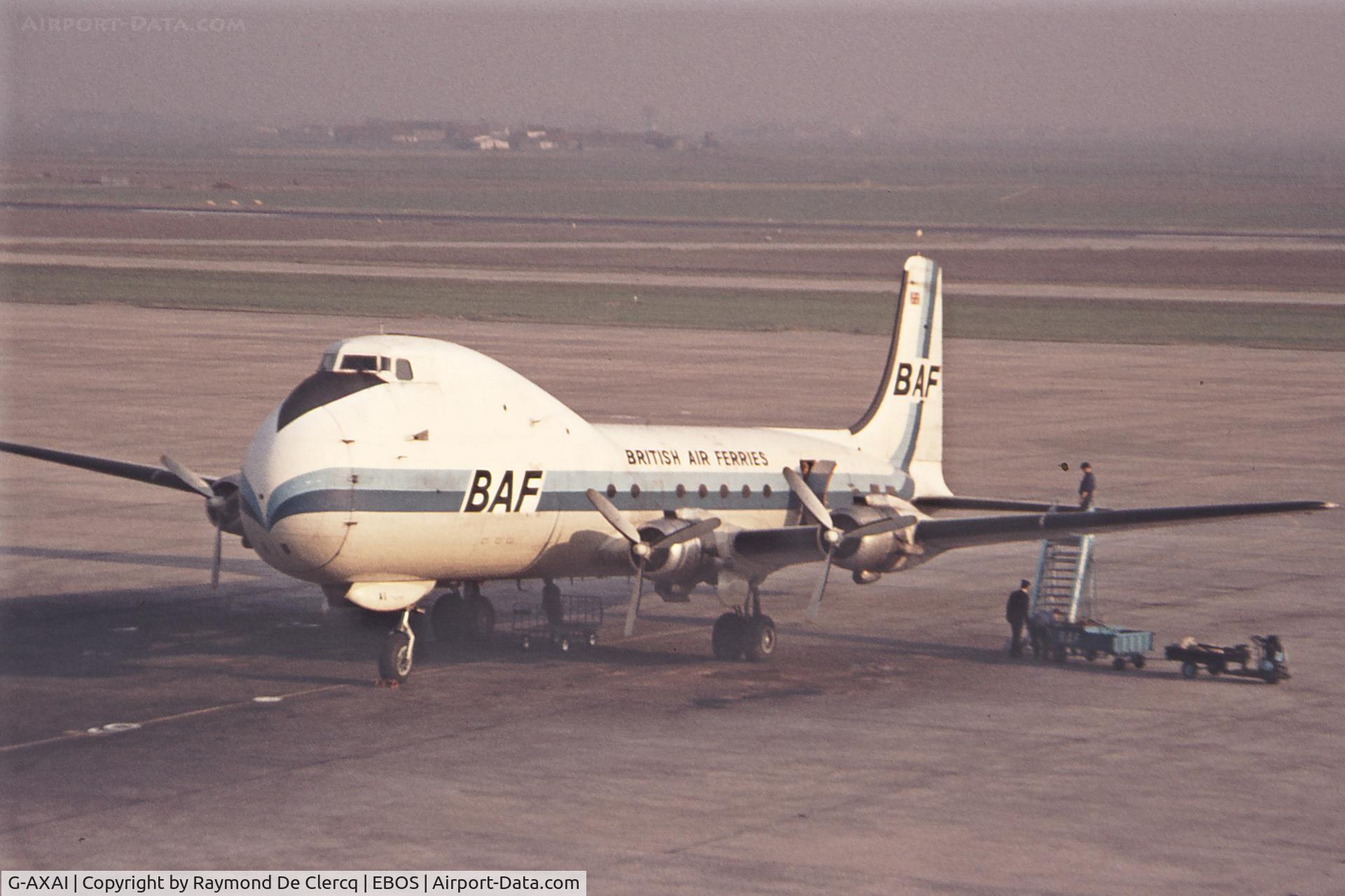 G-AXAI, 1969 Aviation Traders ATL-98 Carvair (C-54B Conversion) C/N 17, G-AXAI in previous c/s at Ostend in early 1970's.