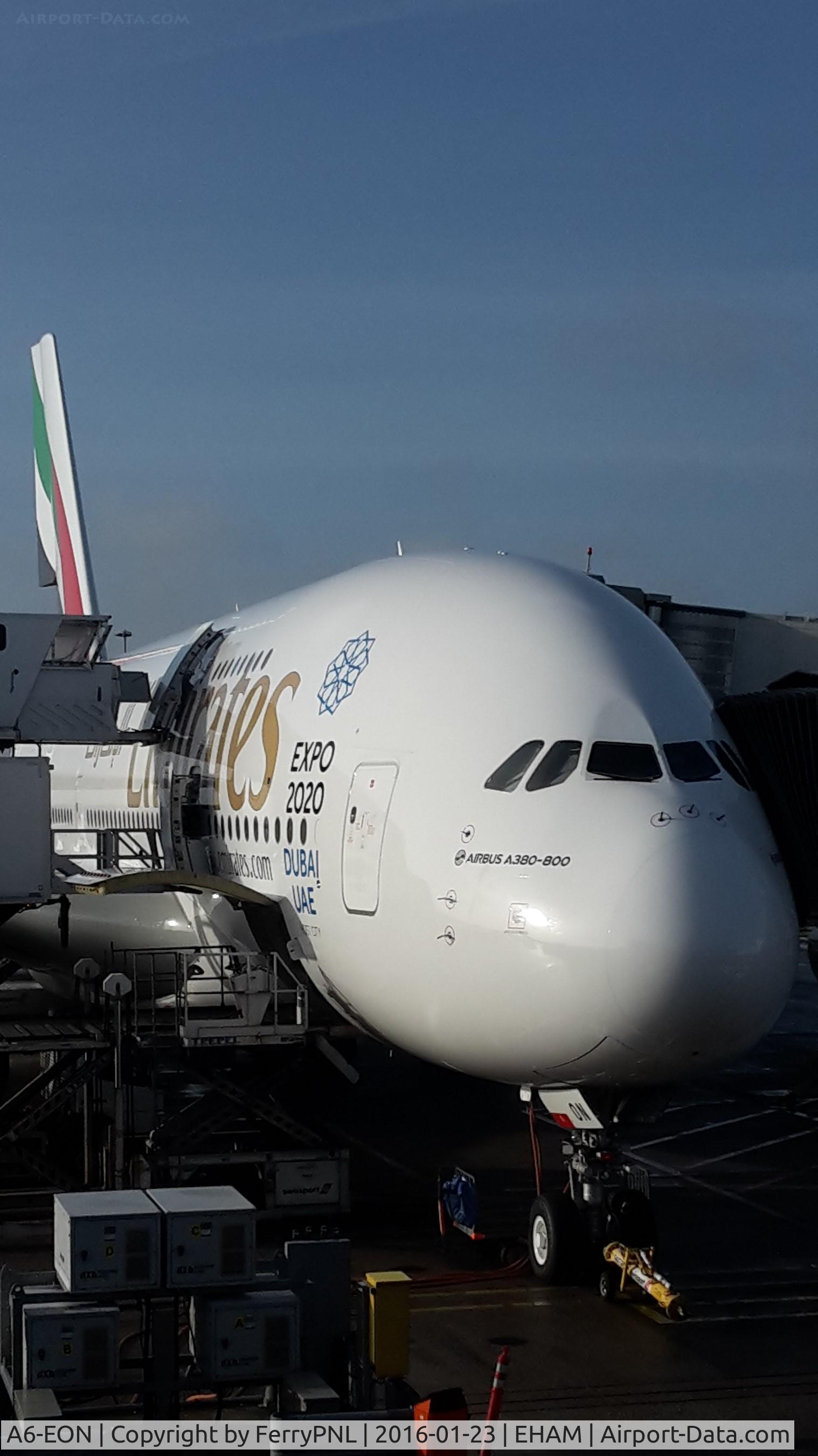 A6-EON, 2015 Airbus A380-861 C/N 188, Emirates A388 at its gate G9 getting ready for flight EK148 AMS - DXB