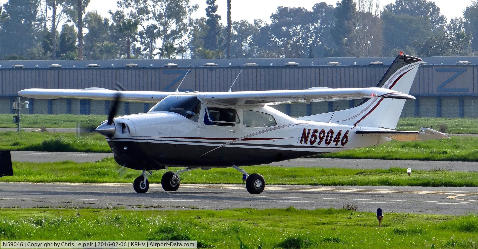 N59046, 1973 Cessna T210L Turbo Centurion C/N 21060047, Centurion 59046 LLC (Huntington Beach, CA) 1973 Cessna T210L clear of 31R at Reid Hillview Airport, San Jose, CA. It was here for the Super Bowl.