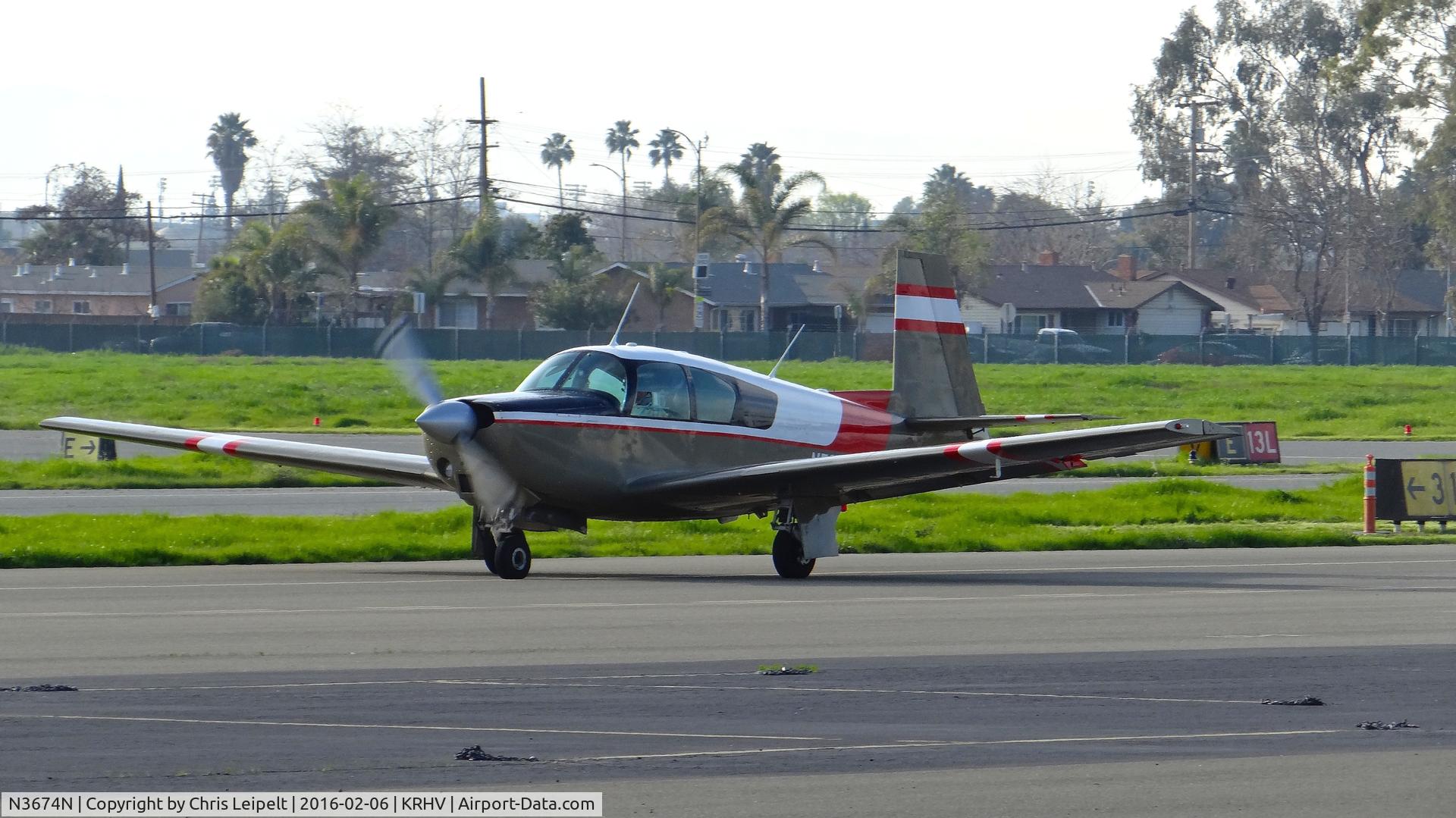 N3674N, 1967 Mooney M-20G Statesman C/N 680032, Locally-based 1967 Mooney M20G taxing out for departure at Reid Hillview Airport, San Jose, CA.