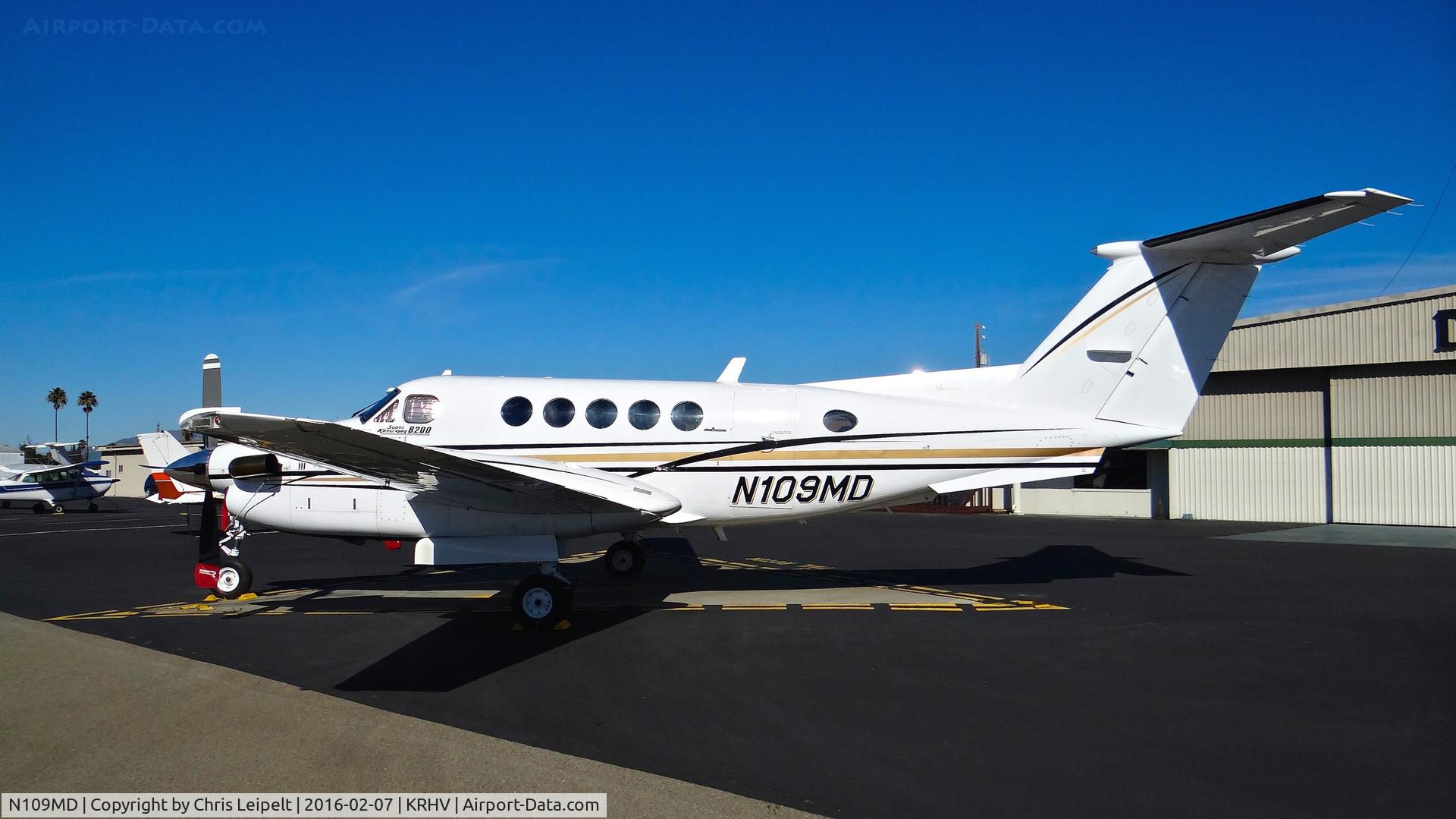 N109MD, 1985 Beech B200 King Air C/N BB-1213, MBD Inc (Dover, DE) 1985 Beechcraft King Air 200 parked on the Nice Air helipads for the 2015 Super Bowl at Reid Hillview Airport, San Jose, CA.