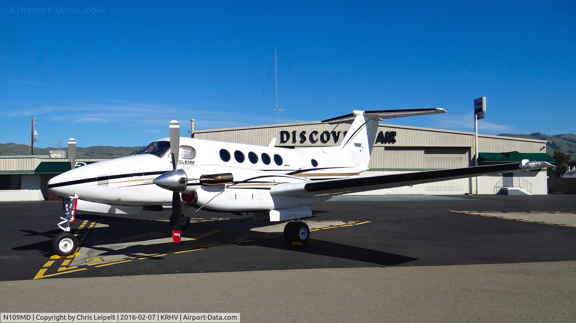 N109MD, 1985 Beech B200 King Air C/N BB-1213, MBD Inc (Dover, DE) 1985 Beechcraft King Air 200 parked on the Nice Air helipads for the 2015 Super Bowl at Reid Hillview Airport, San Jose, CA.