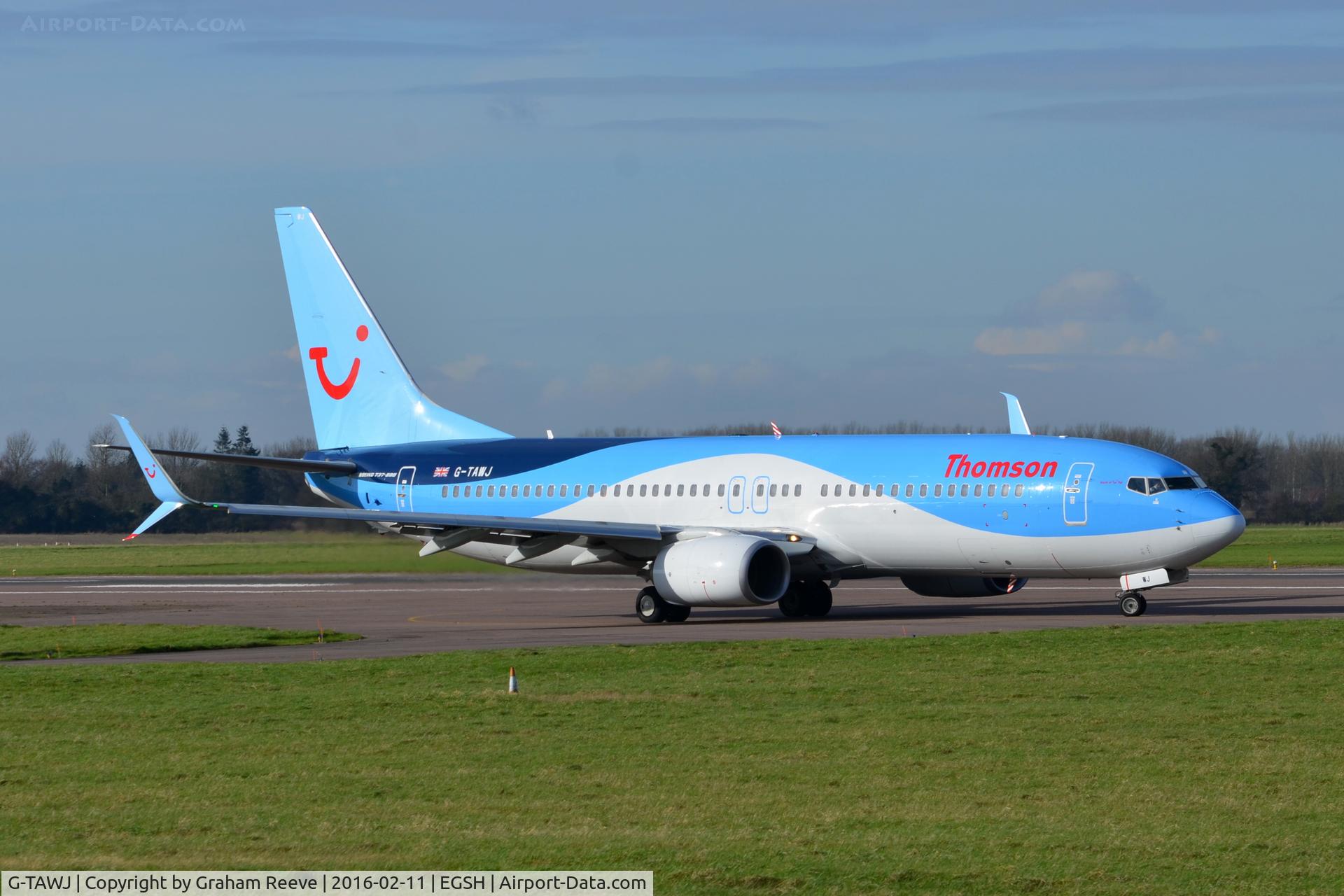 G-TAWJ, 2012 Boeing 737-8K5 C/N 38108, About to depart on Norwich's runway 