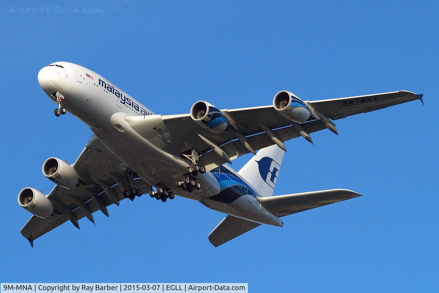 9M-MNA, 2011 Airbus A380-841 C/N 078, Airbus A380-841 [078] (Malaysia Airlines) Home~G 07/03/2015. On approach 27R.