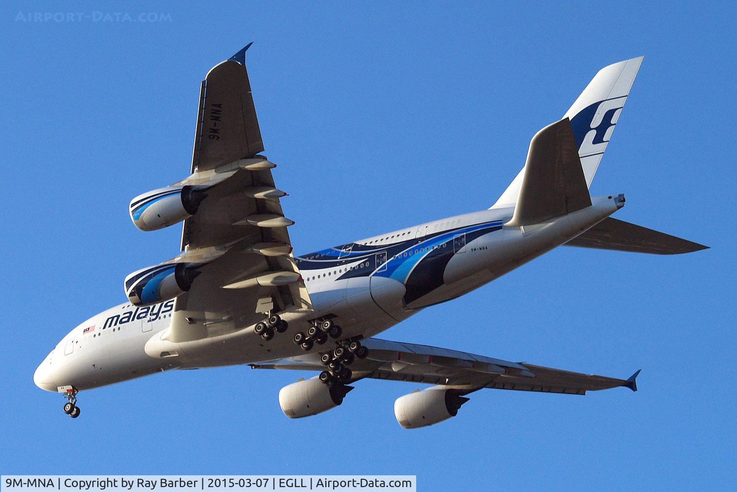 9M-MNA, 2011 Airbus A380-841 C/N 078, Airbus A380-841 [078] (Malaysia Airlines) Home~G 07/03/2015. On approach 27R.