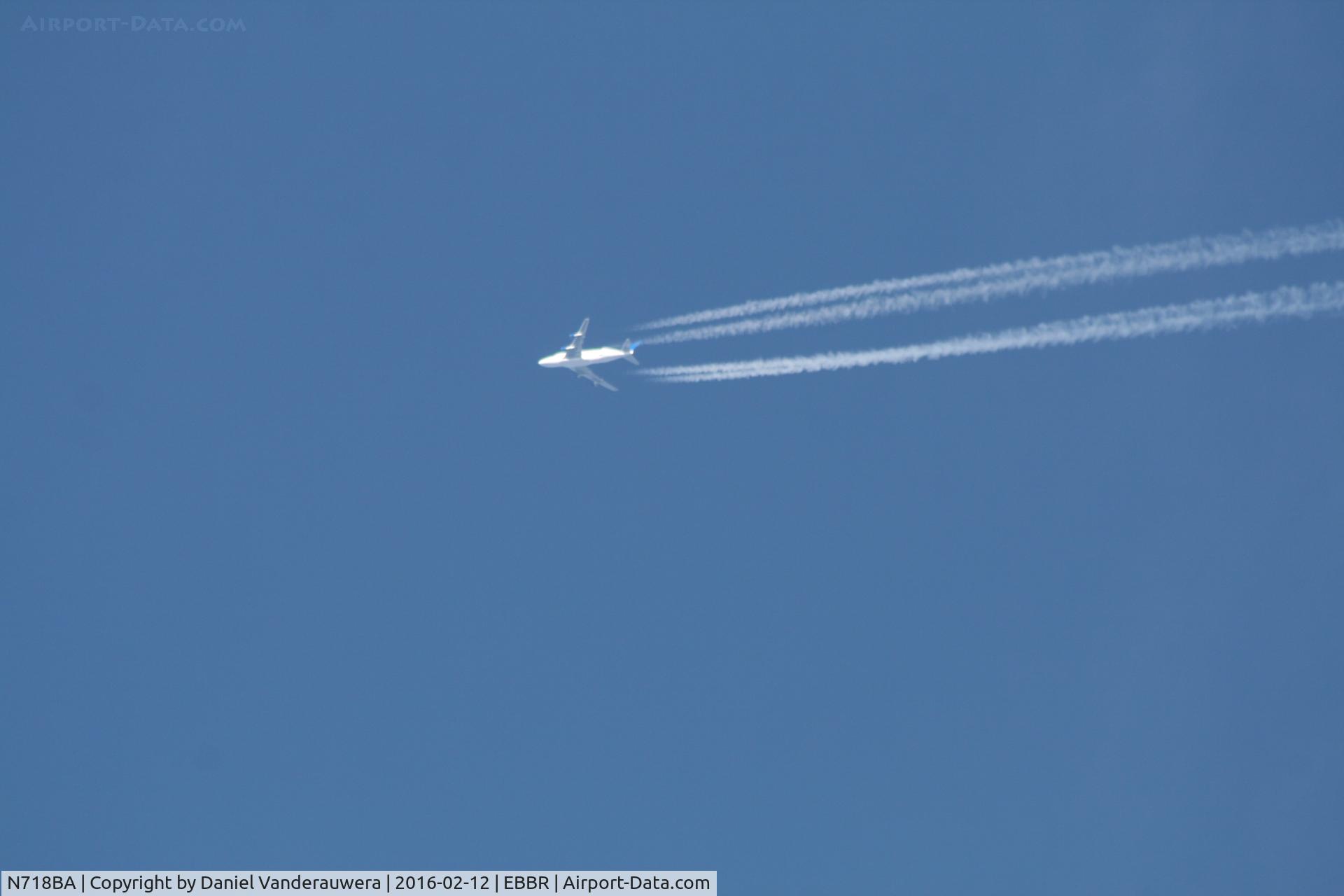 N718BA, 1992 Boeing 747-4H6 C/N 27042, Dreamlifter flying over EBBR