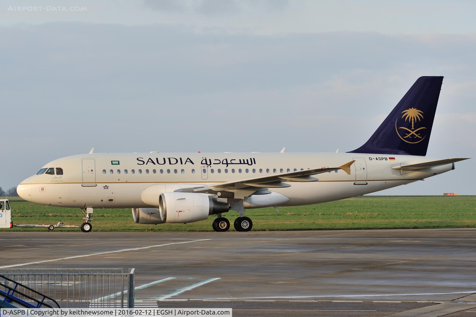 D-ASPB, 2001 Airbus A319-112 C/N 1625, Leaving Norwich in Saudia colour scheme.