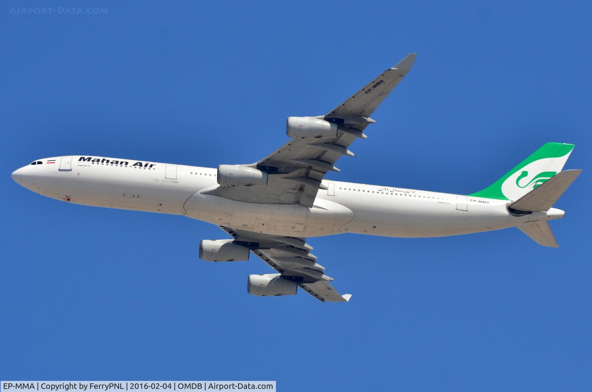 EP-MMA, 1993 Airbus A340-311 C/N 020, Mahan A343 departing for Teheran. Ex LH D-AIGA.