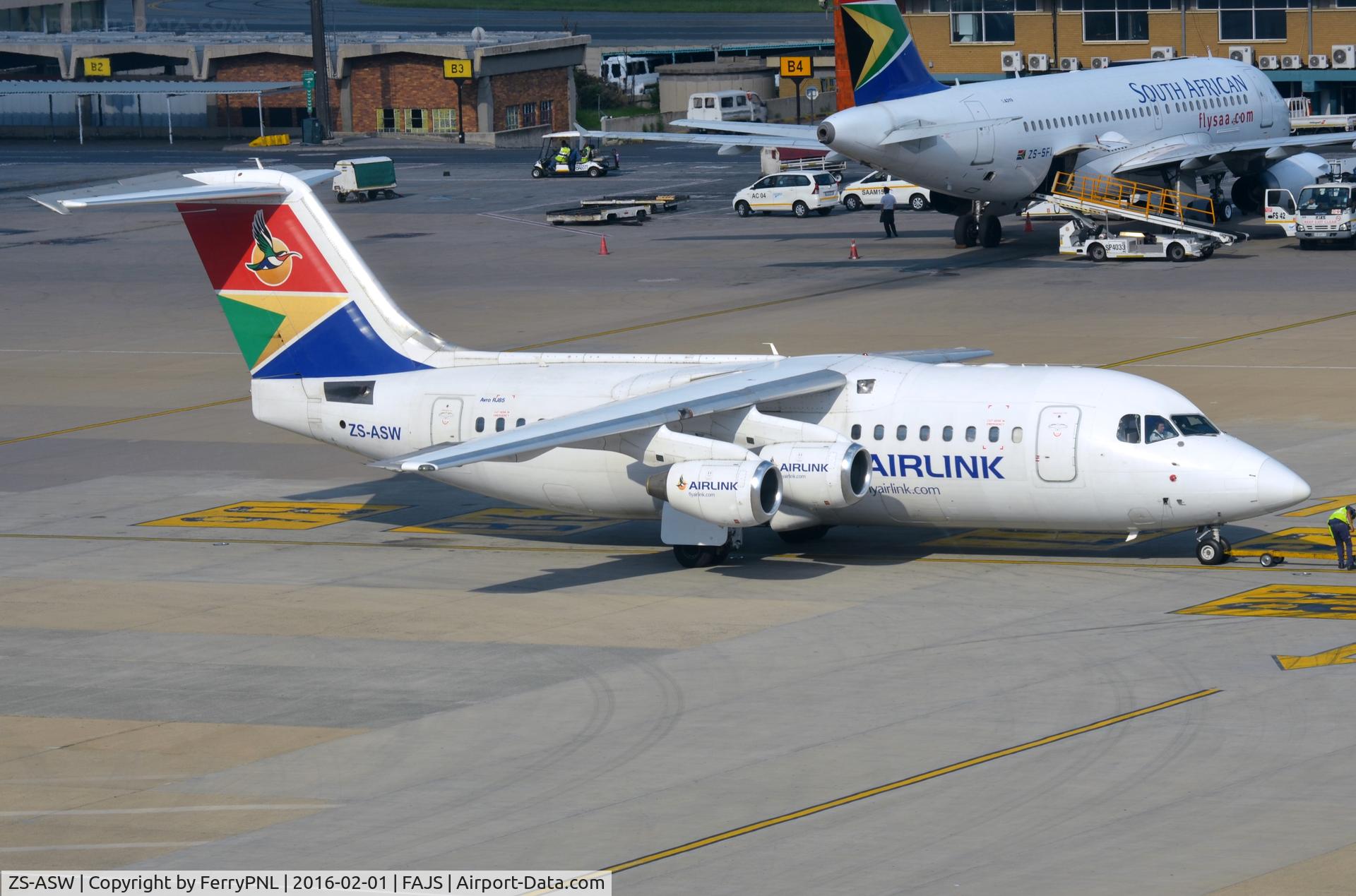 ZS-ASW, 1997 British Aerospace Avro 146-RJ85A C/N E2313, SA Airlink BAe146 pushed back.