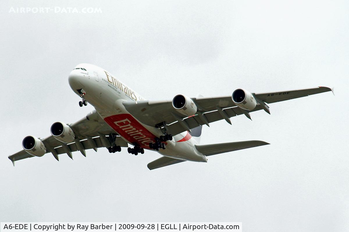 A6-EDE, 2008 Airbus A380-861 C/N 017, Airbus A380-861 [017] (Emirates Airlines) Home~G 28/09/2009. On approach 27R.