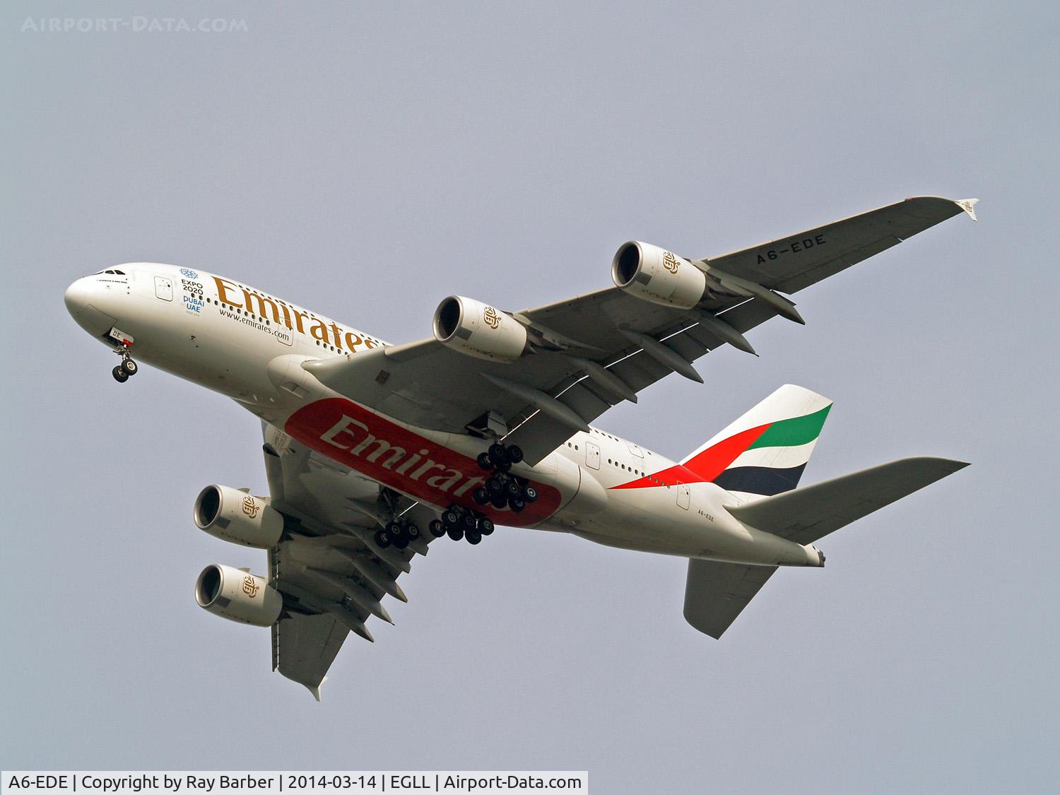 A6-EDE, 2008 Airbus A380-861 C/N 017, Airbus A380-861 [017] (Emirates Airlines) Home~G 14/03/2014. On approach 27R. Expo 2020 titles on nose area.