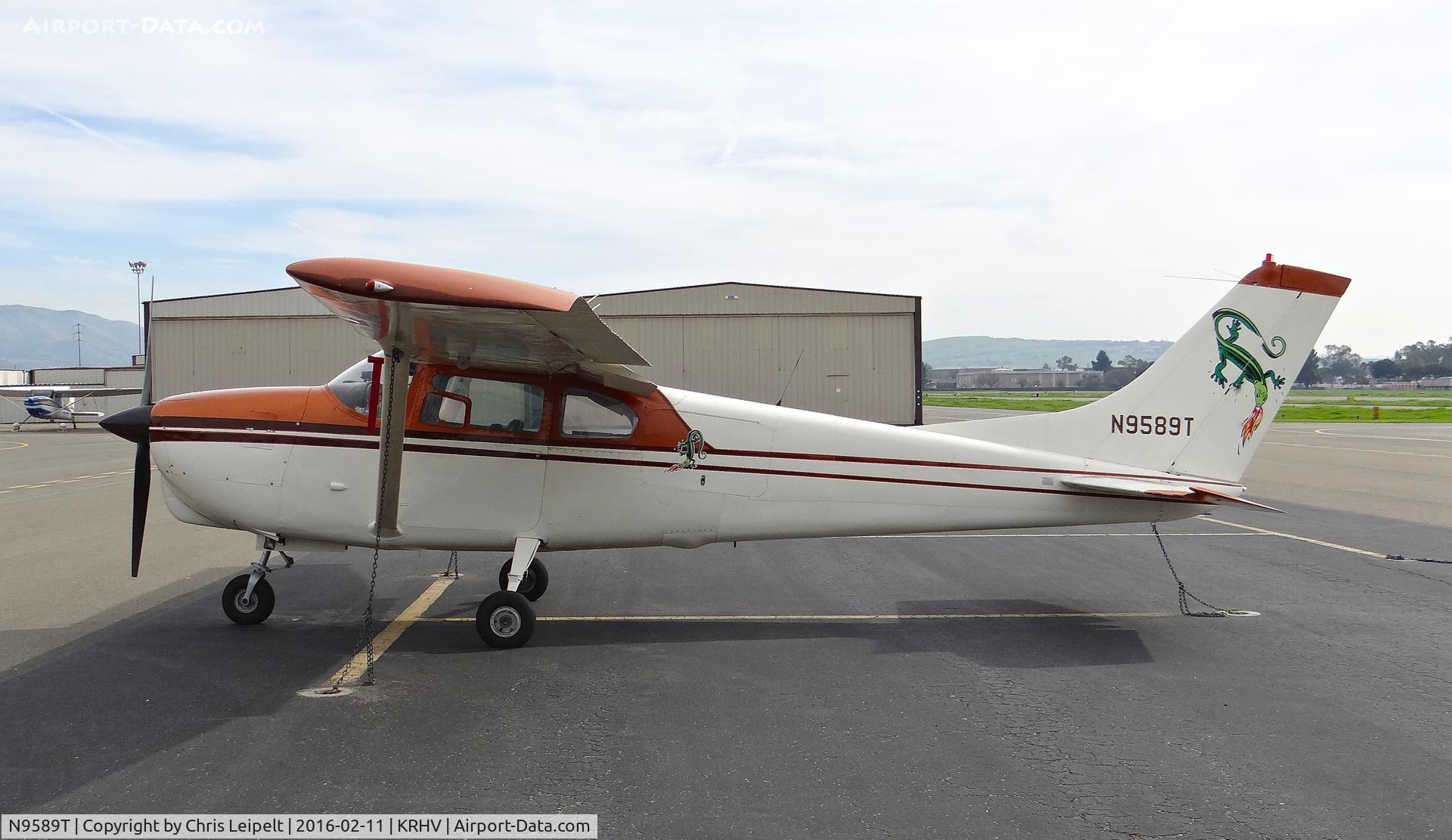 N9589T, 1960 Cessna 210 C/N 57389, Utah-based 1960 Cessna 210 parked on the transient ramp with nice tail art at Reid Hillview Airport, San Jose, CA.