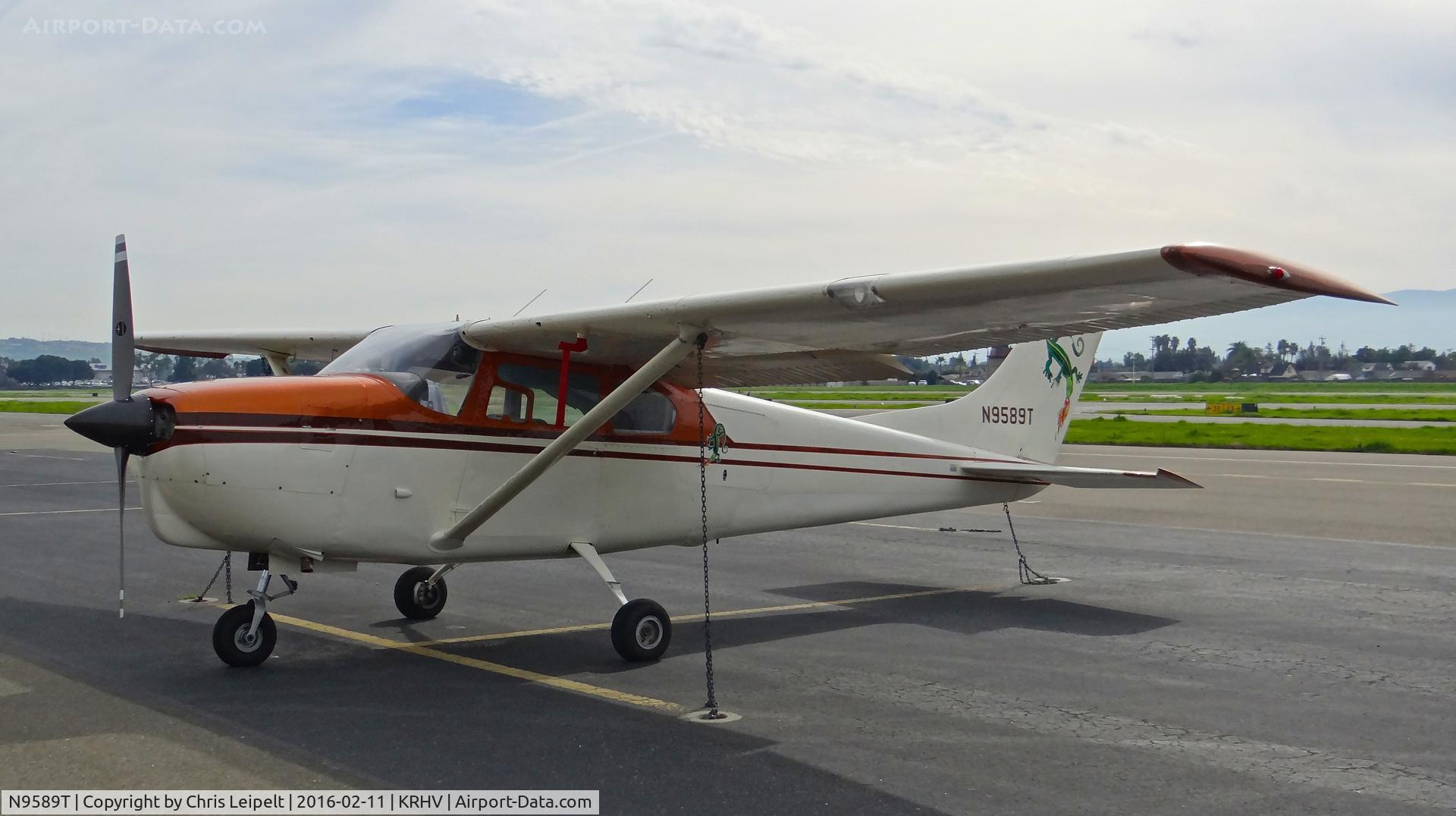 N9589T, 1960 Cessna 210 C/N 57389, Utah-based 1960 Cessna 210 parked on the transient ramp with nice tail art at Reid Hillview Airport, San Jose, CA.