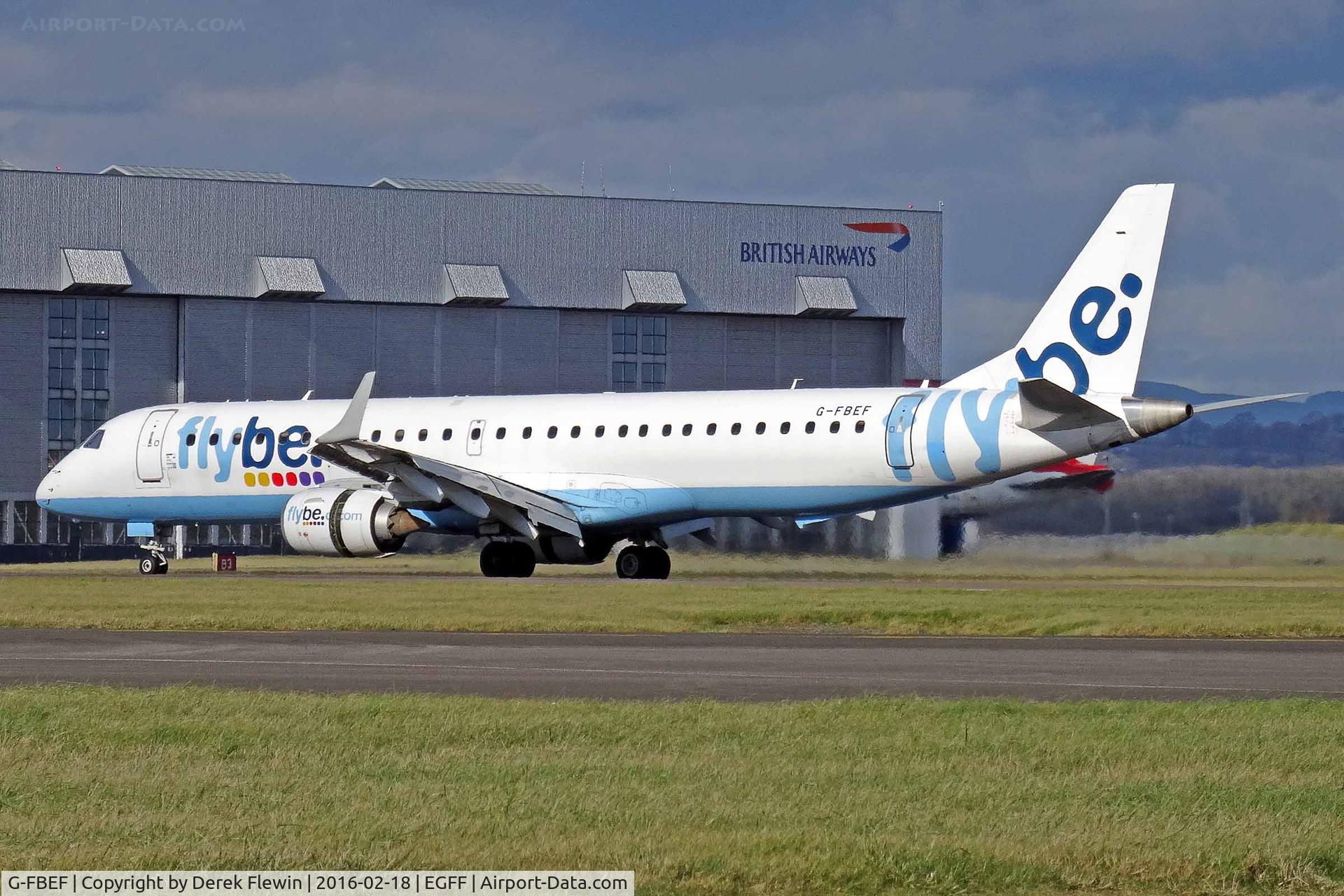 G-FBEF, 2007 Embraer 195LR (ERJ-190-200LR) C/N 19000104, Embraer 195LR, Flybe, callsign Jersey 1KD, previously PT-SNy, seen landing on runway 30 out of Düsseldorf,  note the open reverse thruster doors.