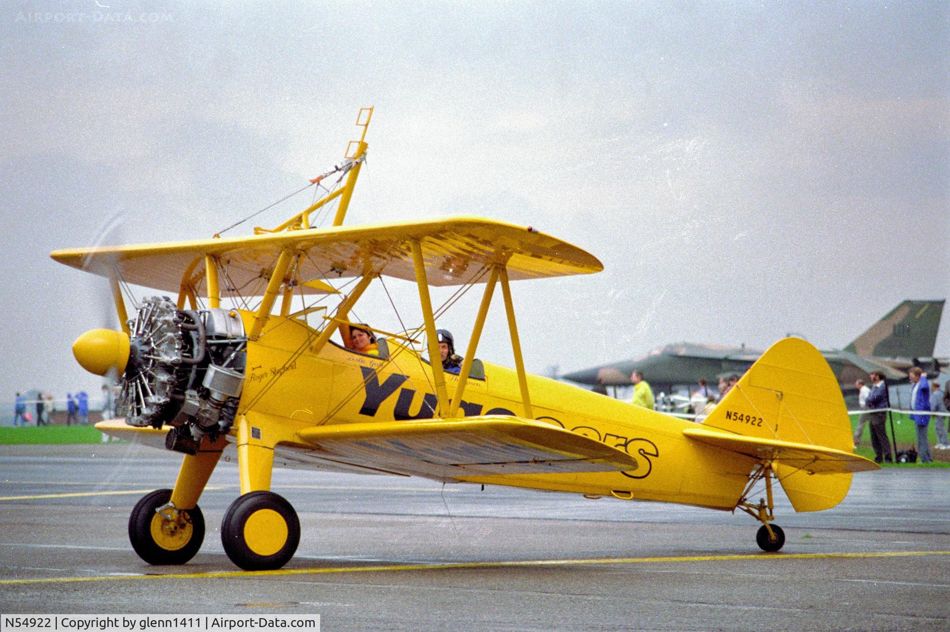 N54922, 1944 Boeing A75N1 (PT-17) C/N 75-3491, 1987 RAF Binbrook lincs u.k. wing walking /stunt display aircraft,  sponsored by YUGO Cars u.k.