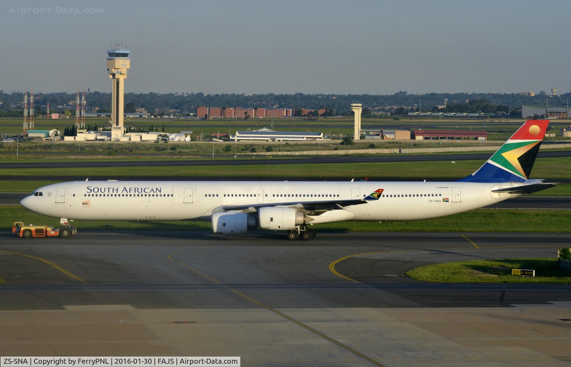ZS-SNA, 2002 Airbus A340-642 C/N 410, SAA A346 towed to its gate.