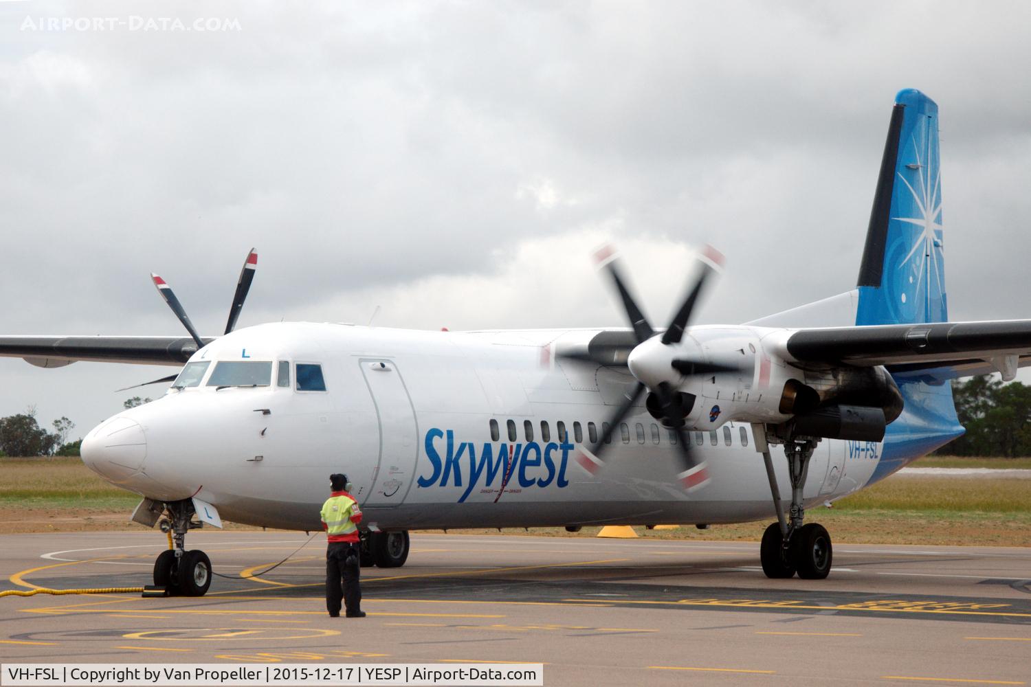 VH-FSL, 1992 Fokker 50 C/N 20249, Fokker 50 of Skywest Airlines starting up at Esperance airport, Western Australia