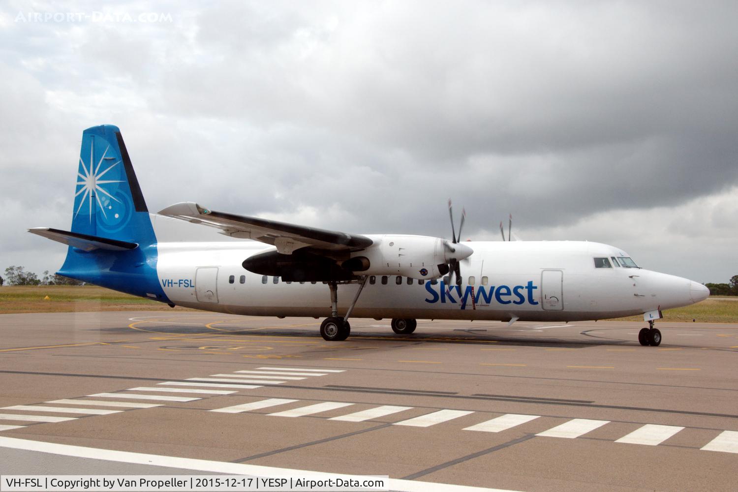 VH-FSL, 1992 Fokker 50 C/N 20249, Fokker 50 of Skywest Airlines taxying to the runway at Esperance airport, Western Australia
