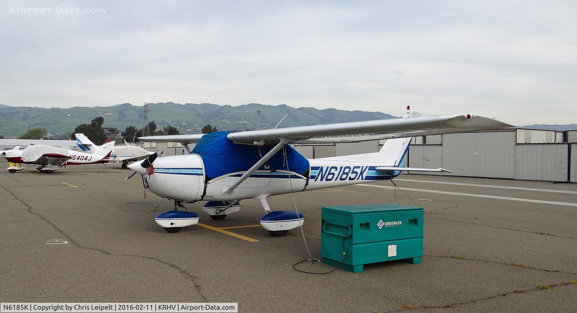 N6185K, 1975 Cessna 150M C/N 15077576, Locally-based 1975 Cessna 150M back at its usual tie down after some heavy maintenance at Reid Hillview Airport, San Jose, CA.