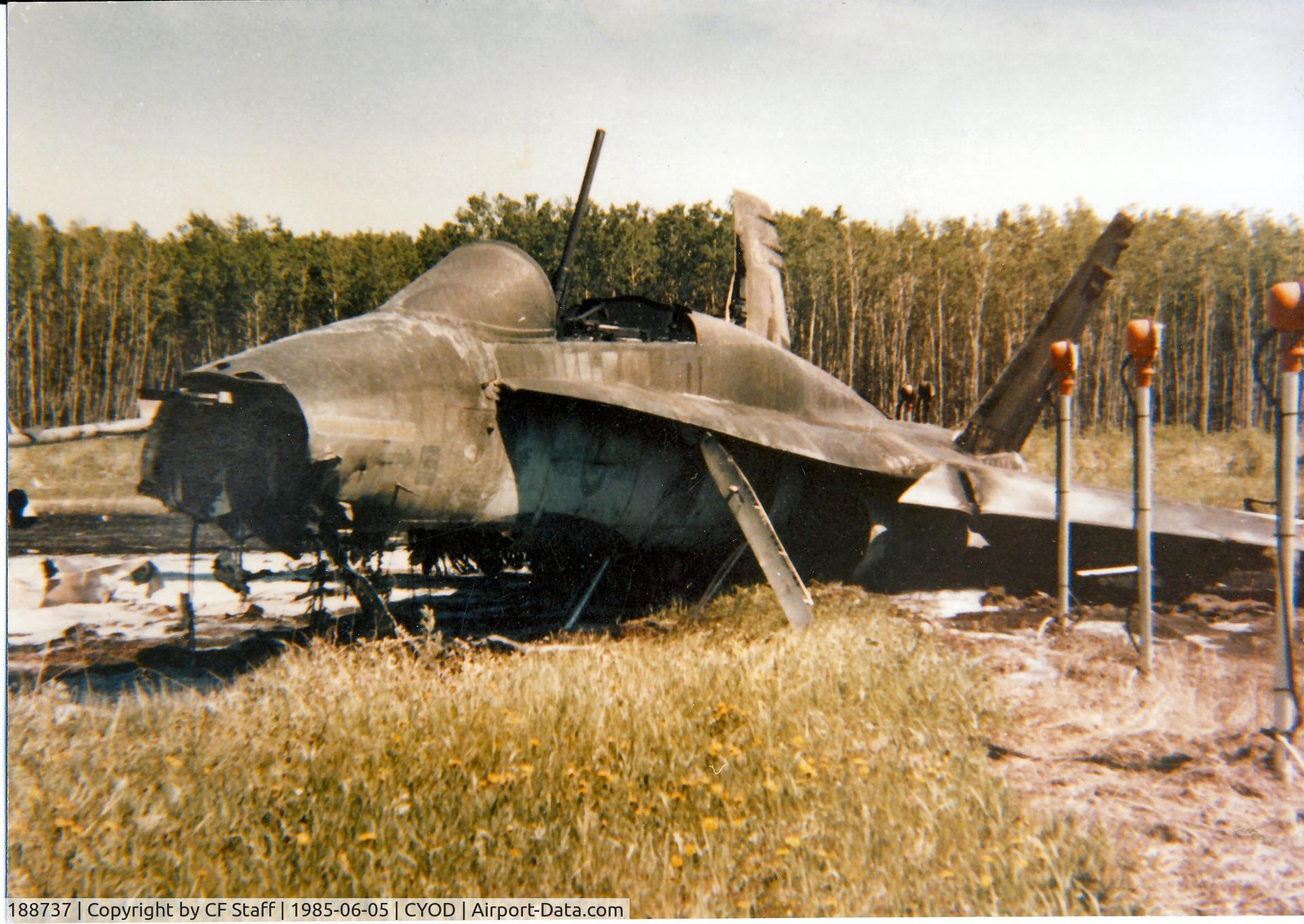 188737, McDonnell Douglas CF-188A Hornet C/N 269/A215, CAF CF-18 Hornet 188737 crashed during formation take off at CFB Cold Lake 4 June 1985.  Take-off trim was set to nose down instead of nose up.  Aircraft would not rotate even with full aft stick.   Pilot - Lt. Col. Dixon Kenny [Flight Leader].