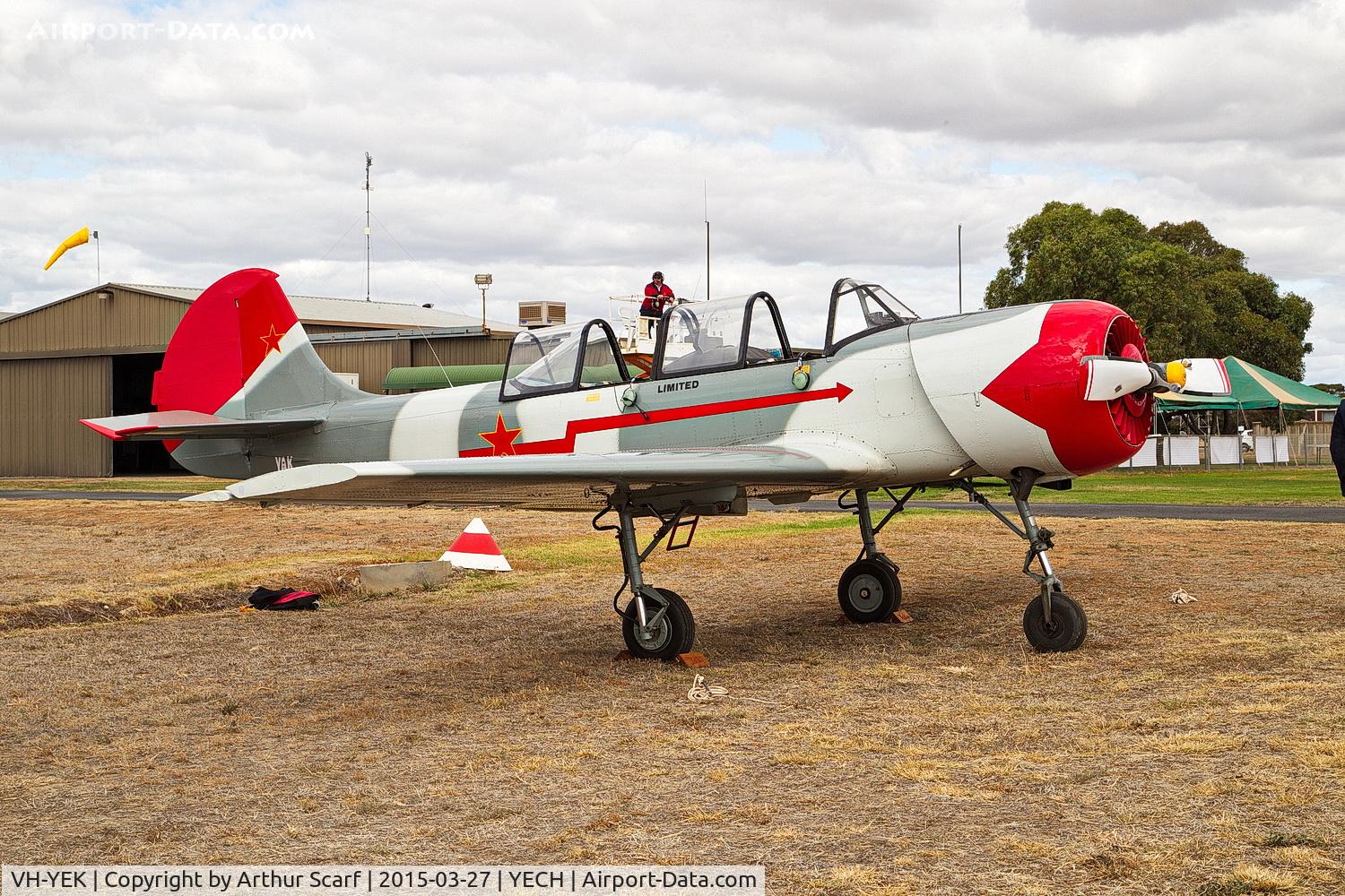 VH-YEK, 1985 Yakovlev Yak-52 C/N 855807, AAAA fly in Echuca 2015