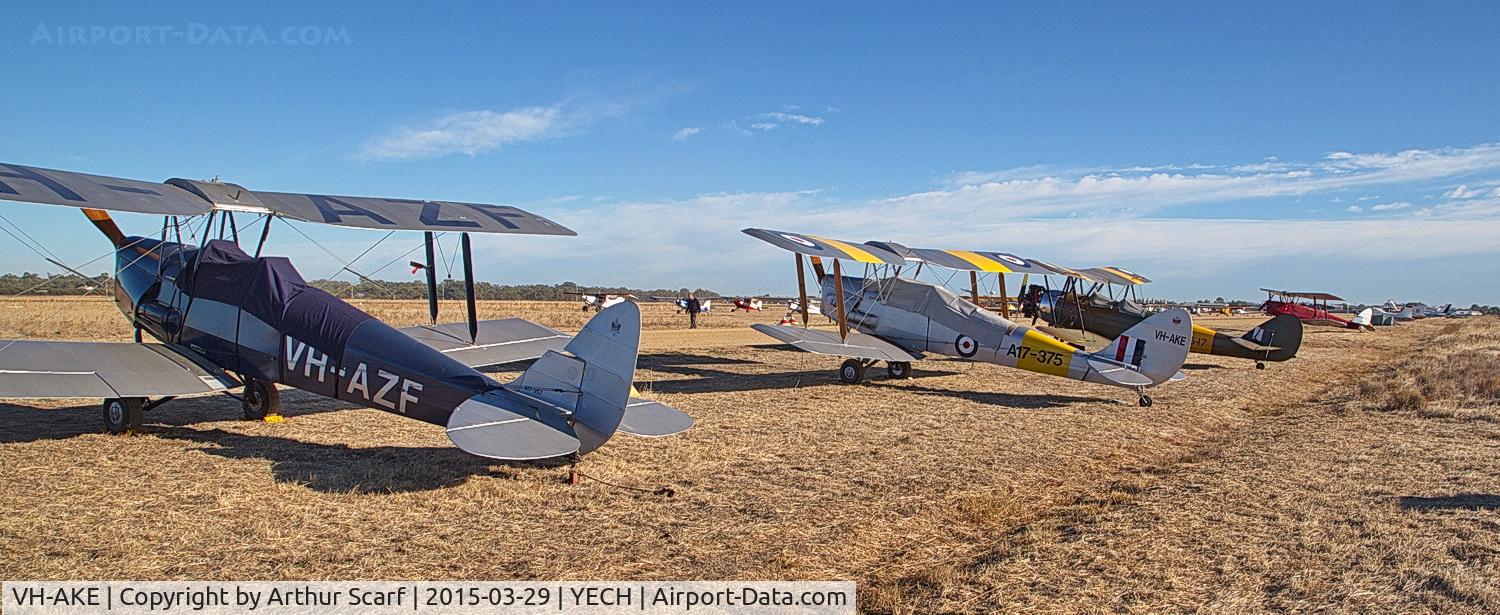 VH-AKE, 1941 De Havilland Australia DH-82A Tiger Moth C/N DHA416, Also VH-NWM AND VH-AGH AAAA fly in Echuca 2015