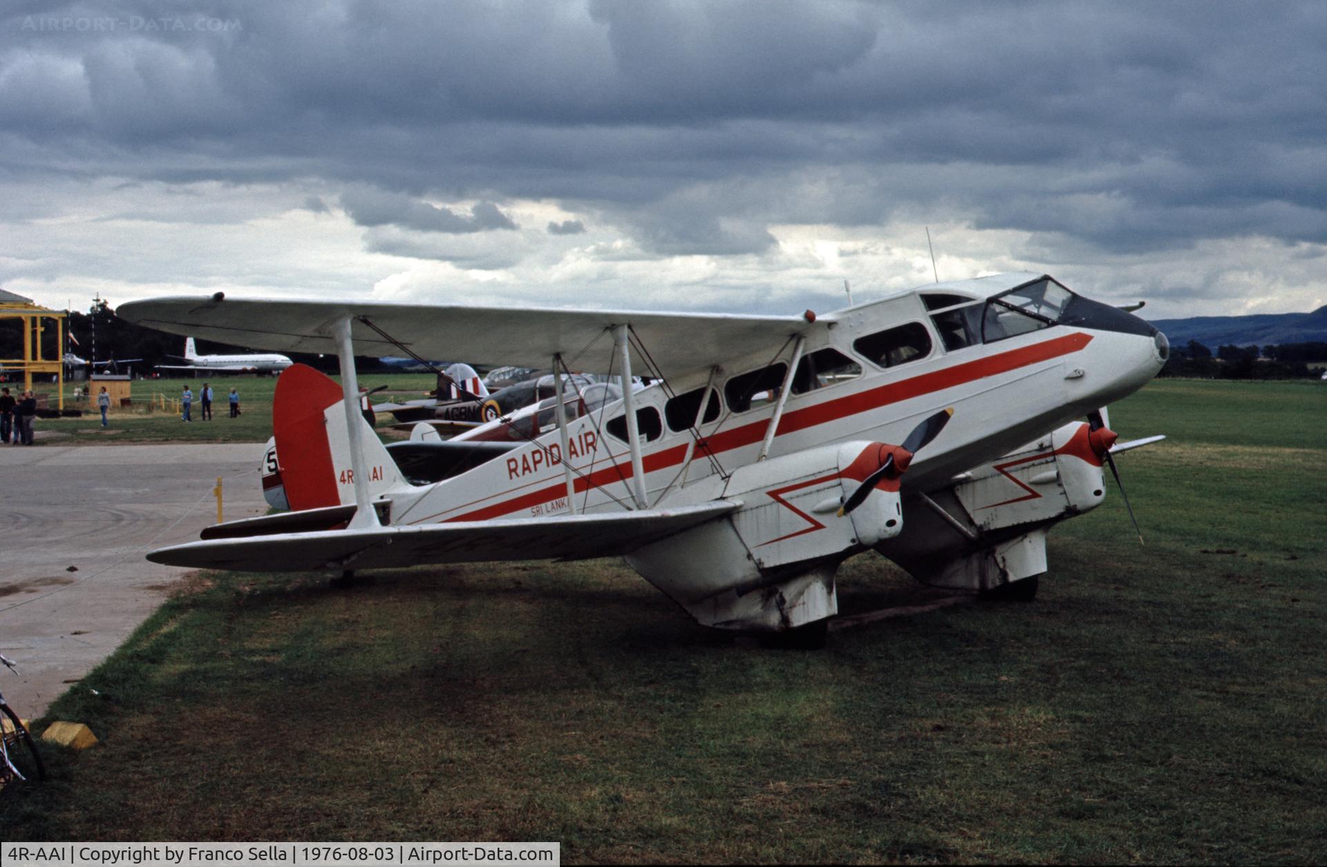 4R-AAI, 1944 De Havilland DH-89A Dominie/Dragon Rapide C/N 6736, De Havilland DH.89A Dragon Rapide 4R-AAI at the Strathallan Collection, August 1976. Now re-registered G-ALXT and at the Science Museum, Wroughton.