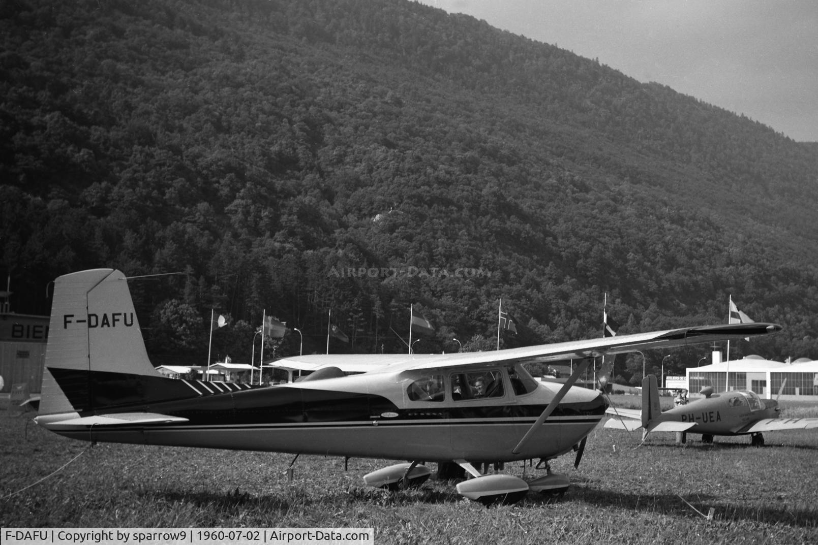 F-DAFU, 1958 Cessna 182A Skylane C/N 51468, seen at Biel-Boezingen airfield(closed) during Rally de la Montre 1960. Scanned from 6x9 b/w negative.