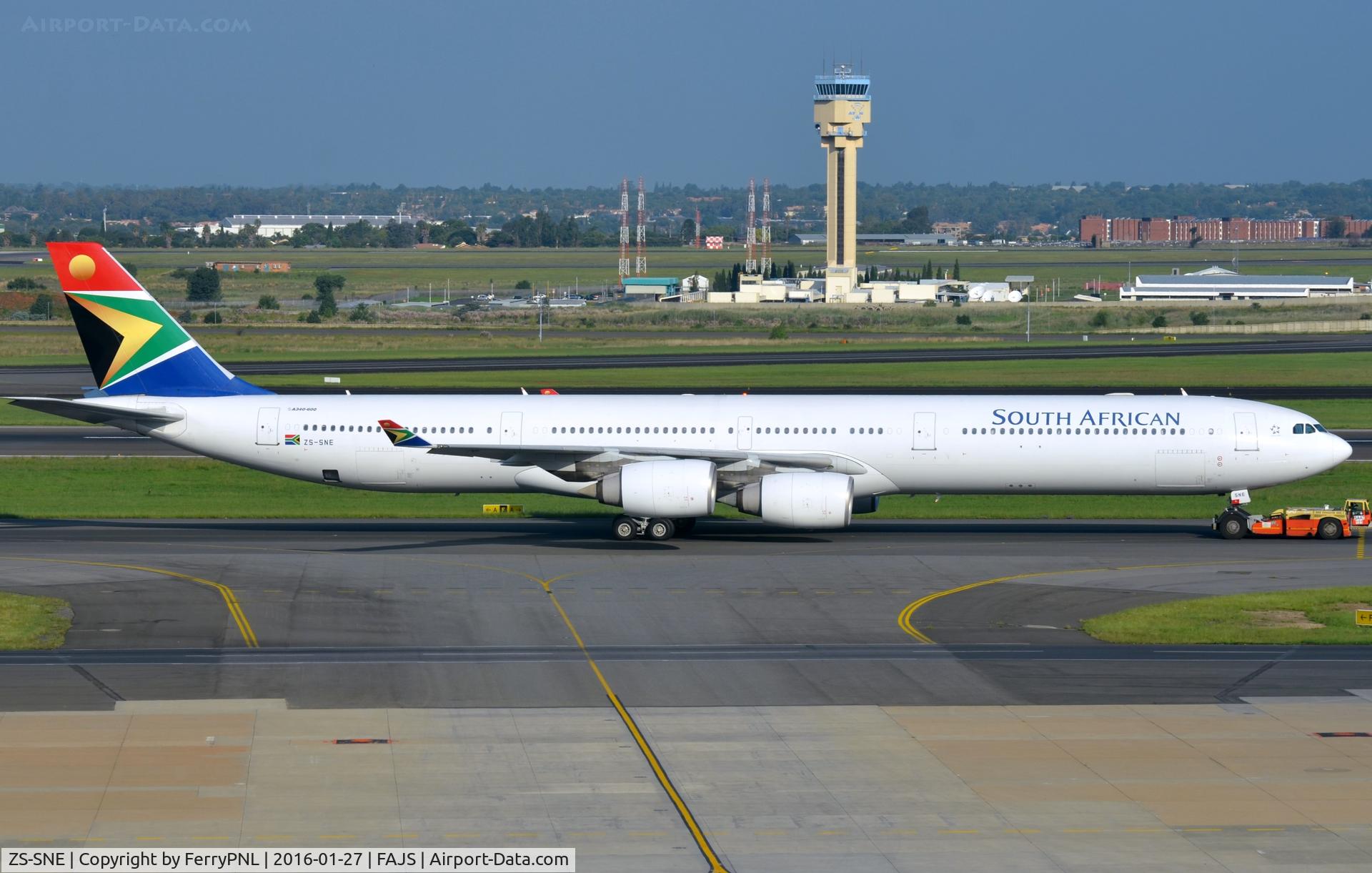 ZS-SNE, 2003 Airbus A340-642 C/N 534, A346 towed to maintenance area