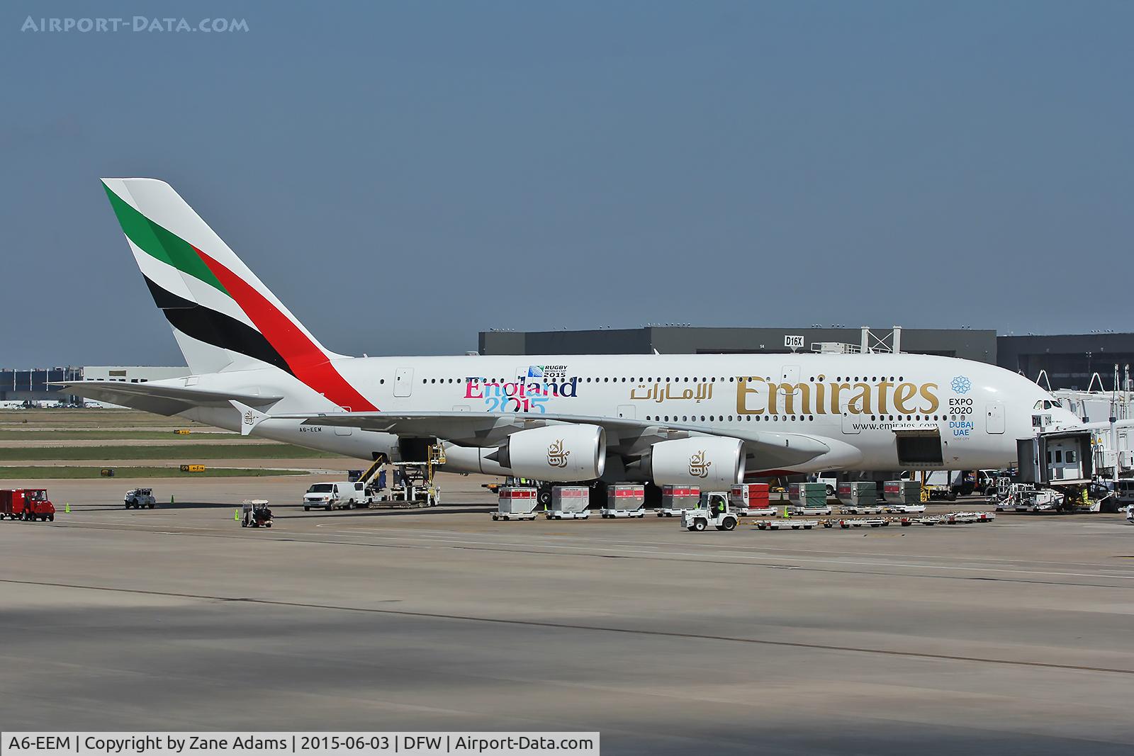 A6-EEM, 2013 Airbus A380-861 C/N 134, On the ramp at DFW Airport