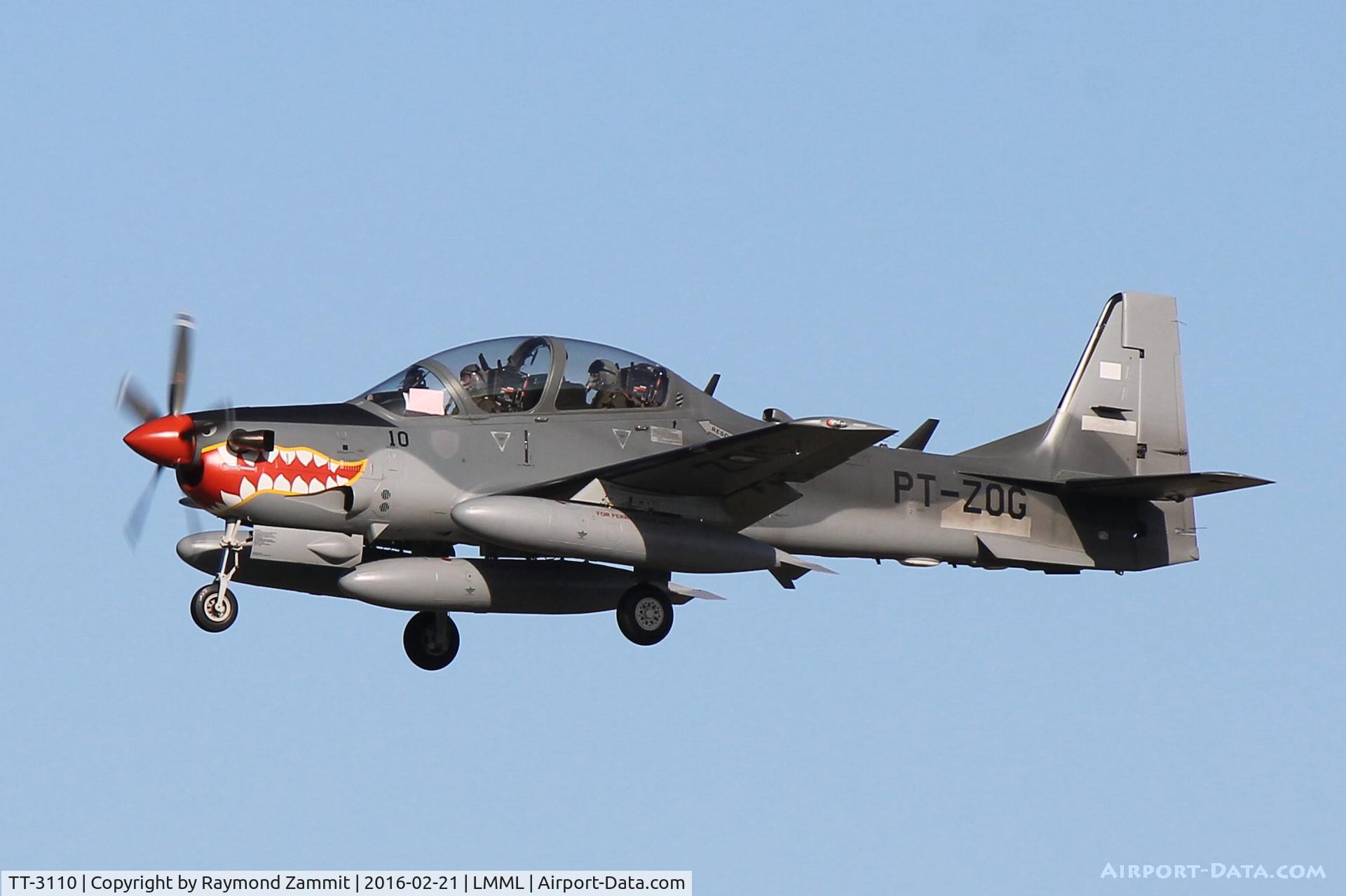 TT-3110, Embraer A-29B Super Tucano (EMB-314) C/N 31400186, Embraer Emb-314 Super Tucano TT-3110 (PT-ZOG) Indonisian Air Force on delivery flight passing through Malta for a night stop.