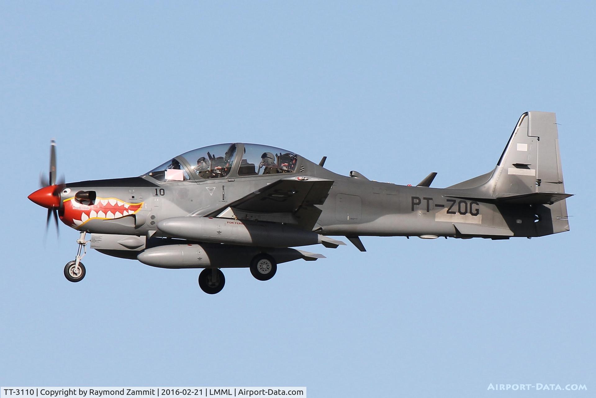 TT-3110, Embraer A-29B Super Tucano (EMB-314) C/N 31400186, Embraer EMB-314 Super Tucano TT-3110 (PT-ZOG)
on finals RW31 Malta during delivery flight to the Indonisian Air Force.