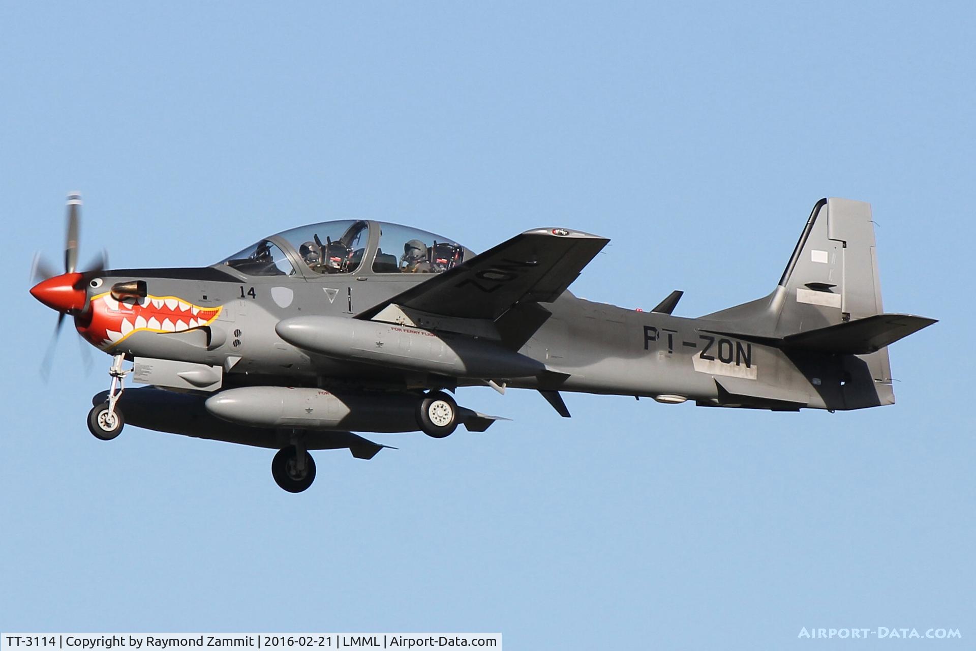 TT-3114, 2015 Embraer A-29B Super Tucano (EMB-314) C/N 31400190, Embraer EMB-314 Super Tucano TT-3114 (PT-ZON) Indonisian Air Force landing in Malta on delivery flight.