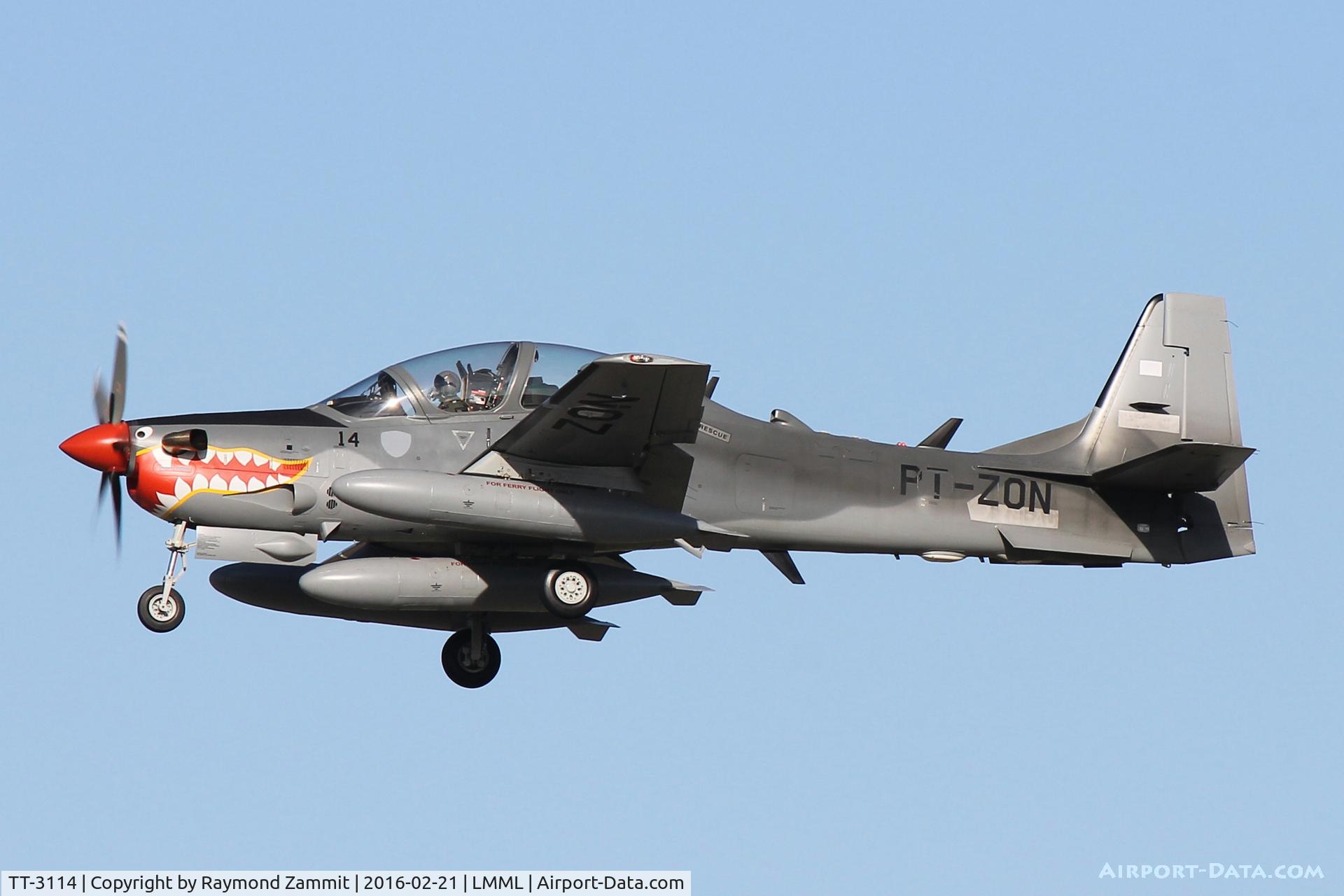 TT-3114, 2015 Embraer A-29B Super Tucano (EMB-314) C/N 31400190, Embraer EMB-314 Super Tucano TT-3114 (PT-ZON) on delivery flight to the Indonesian Air Force seen landing here RW31 in Malta for a night stop.