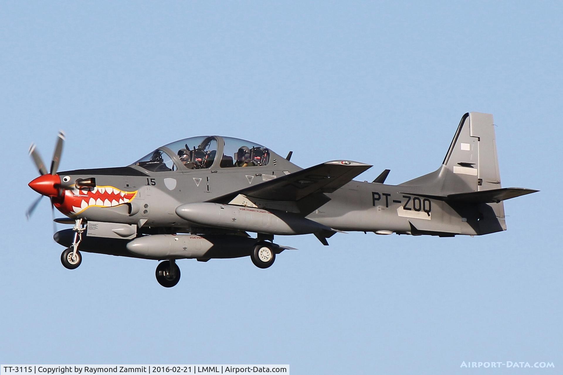 TT-3115, 2015 Embraer A-29B Super Tucano (EMB-314) C/N 31400191, Embraer EMB-314 Super Tucano TT-3115 (PT-ZOQ) Indonesian Air Force landing in Malta RW31 during delivery flight.