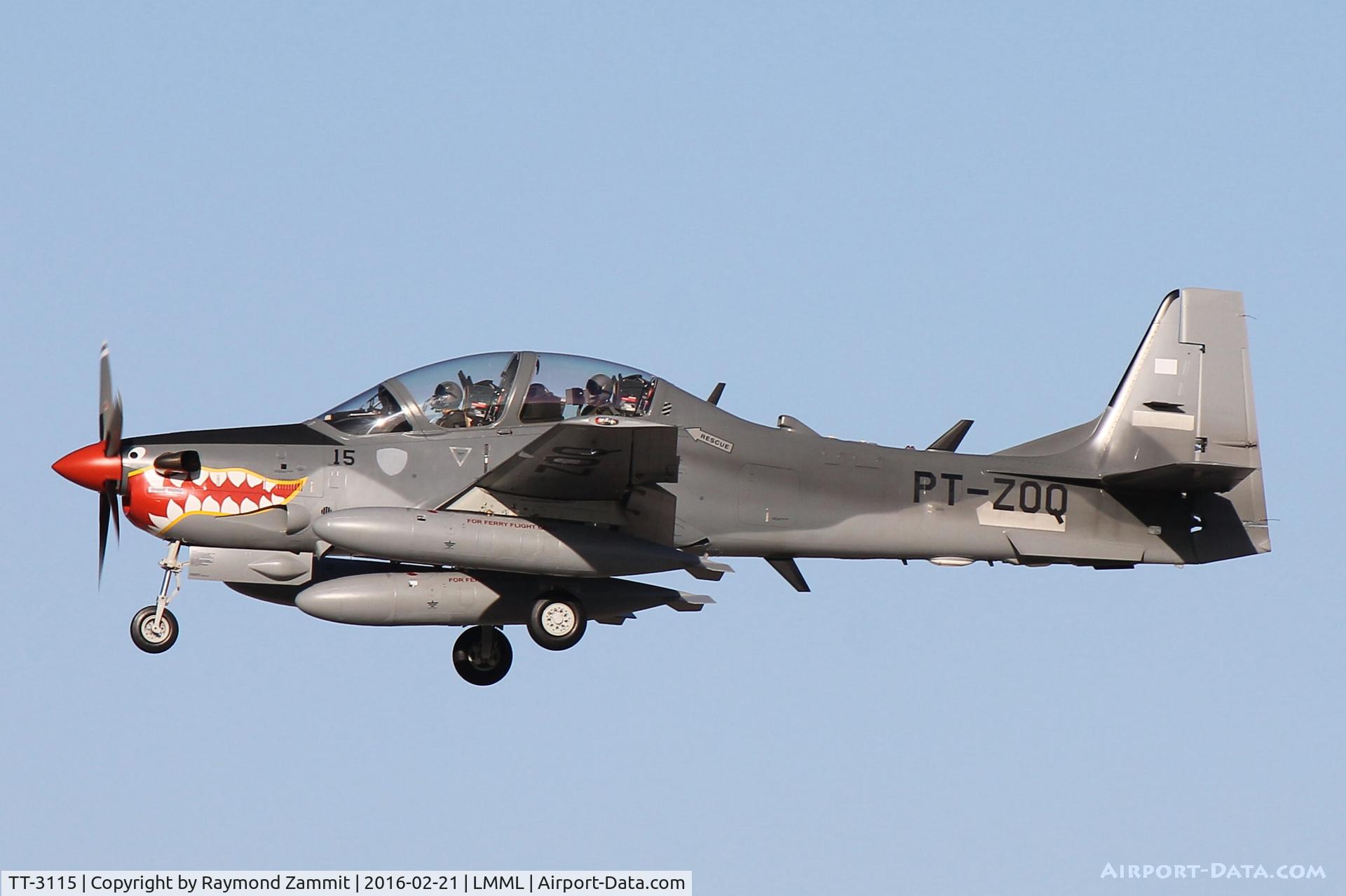 TT-3115, 2015 Embraer A-29B Super Tucano (EMB-314) C/N 31400191, Embraer EMB-314 Super Tucano TT-3115 (PT-ZOQ)Indonesian Air Force on delivery flight Malta RW31.