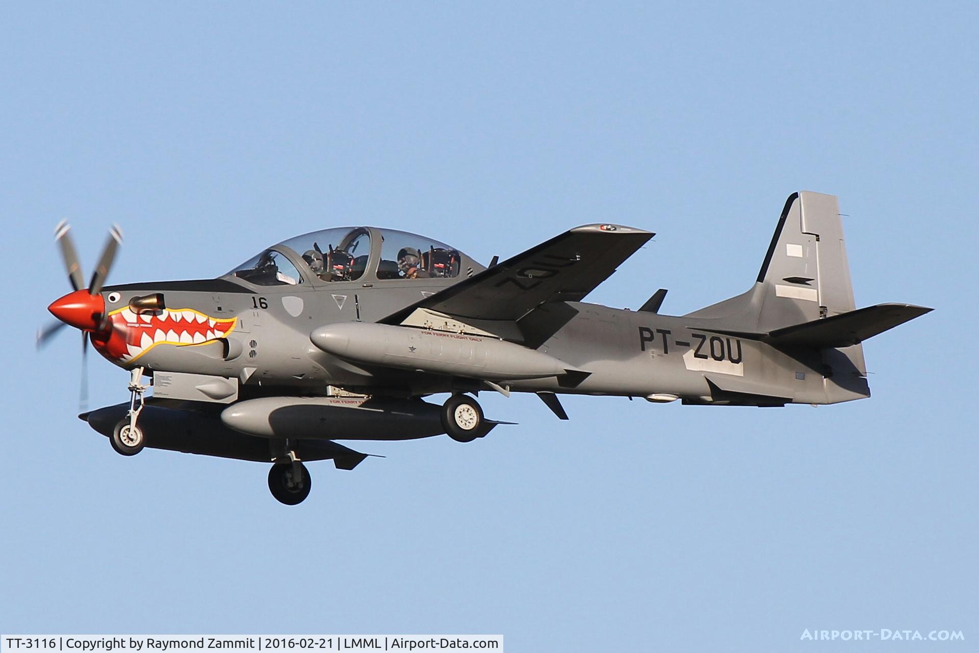 TT-3116, 2015 Embraer A-29B Super Tucano (EMB-314) C/N 31400192, Embraer EMB-314 Super Tucano TT-3116 (PT-ZOU) Indonesian Air Force landing in Malta during delivery flight.