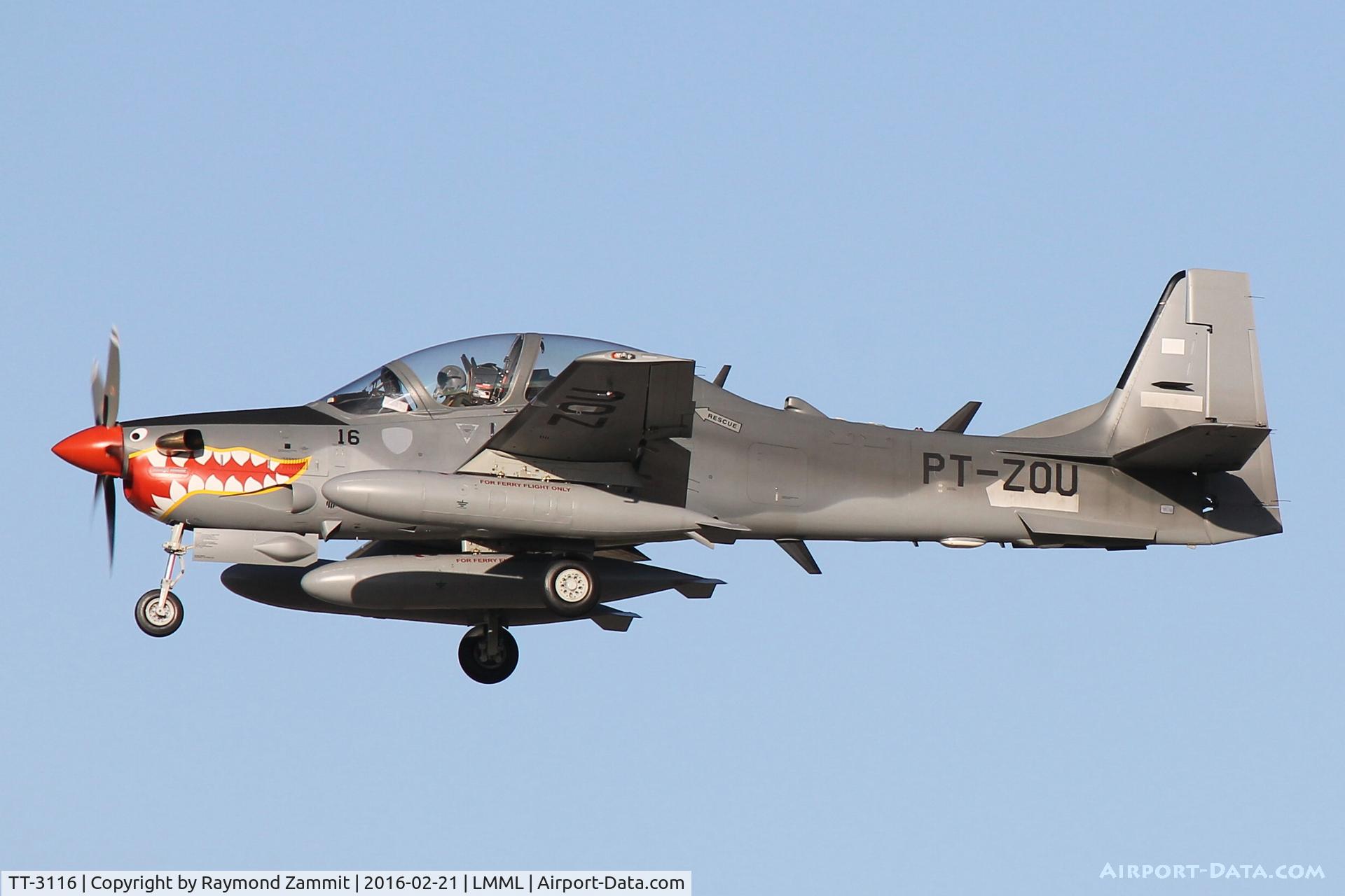 TT-3116, 2015 Embraer A-29B Super Tucano (EMB-314) C/N 31400192, Embraer EMB-314 Super Tucano TT-3116 (PT-ZOU) Indonesian Air Force during delivery flight passed through Malta. Seen here landing RW31 for a night stop.