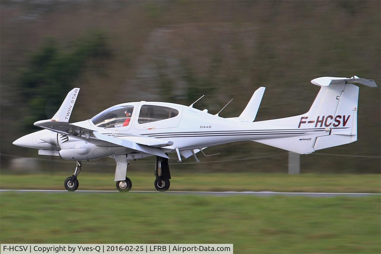 F-HCSV, 2008 Diamond DA-42 Twin Star C/N 42.371, Diamond DA-42 Twin Star, Landing rwy 25L, Brest-Bretagne airport (LFRB-BES)