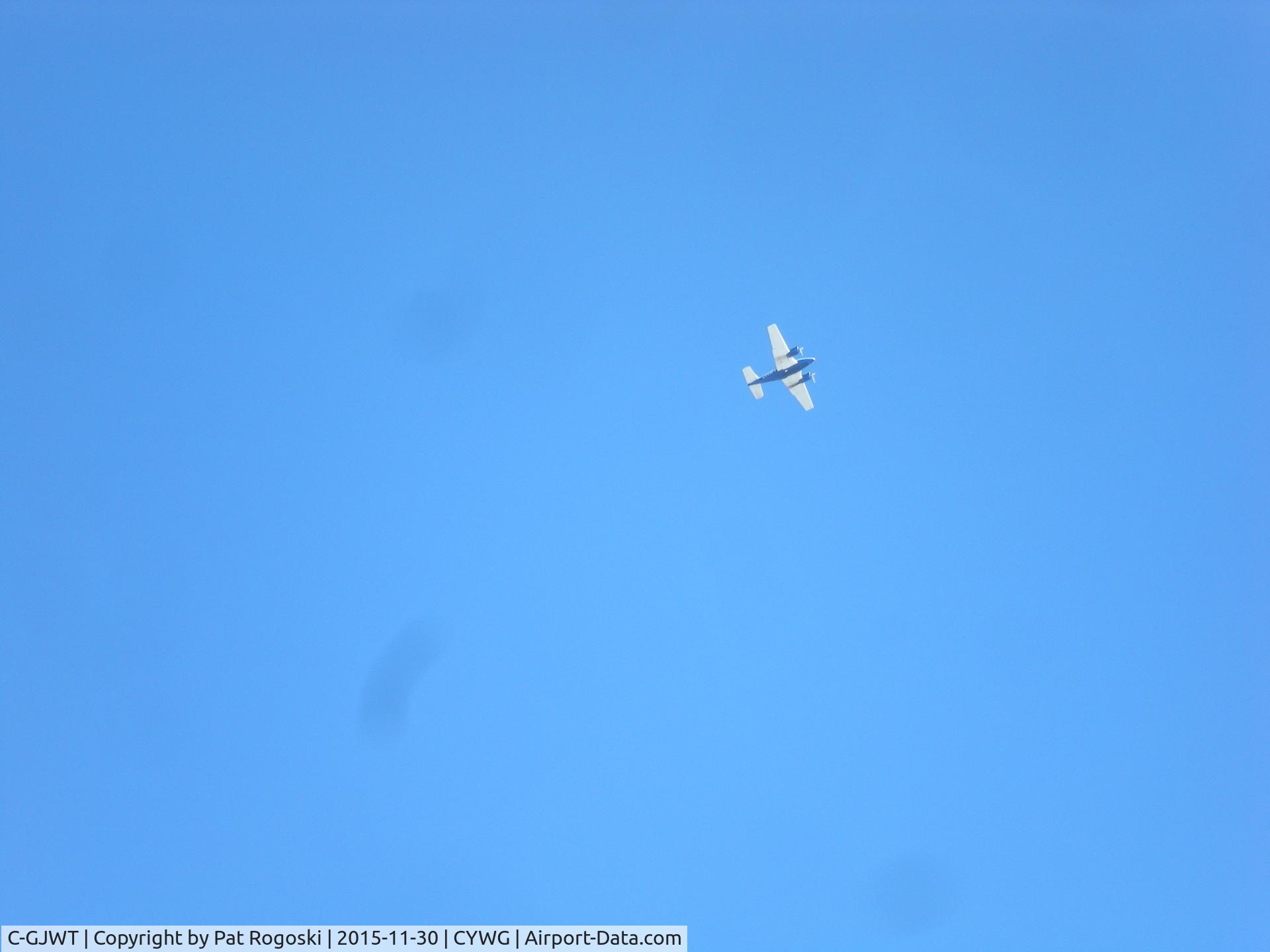 C-GJWT, 1962 Beech 95-A55 Baron C/N TC-329, Saw this a couple of times over Winnipeg, I had a bit of a hard time making out the registration, but I'm fairly certain this C-GJWT although last shown as in B.C. Just thought I'd this. If I'm wrong let me know or remove it. I will try to crop.