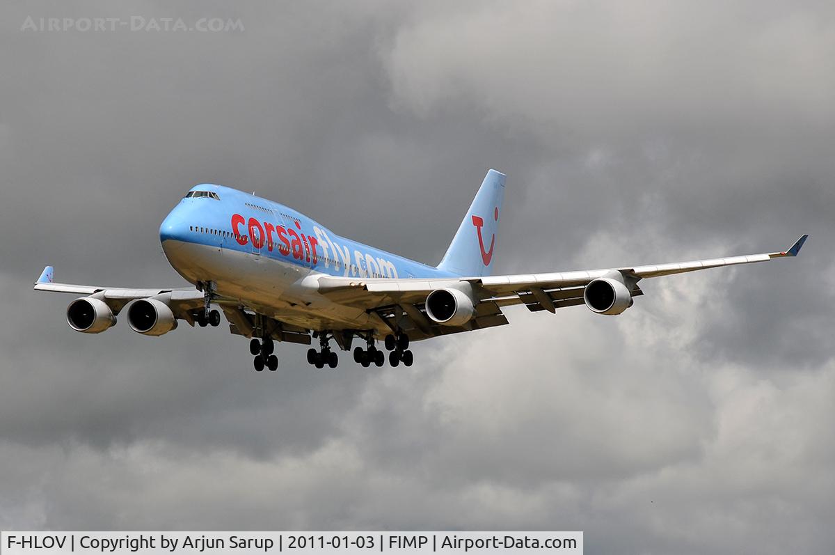 F-HLOV, 1992 Boeing 747-422 C/N 25379, Approaching rwy 14 at Plaisance on a summer morning.
