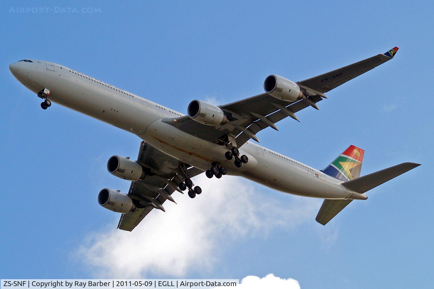 ZS-SNF, 2003 Airbus A340-642 C/N 547, Airbus A340-642 [547] (South African Airways) Home~G 09/05/2011. On approach 27R.