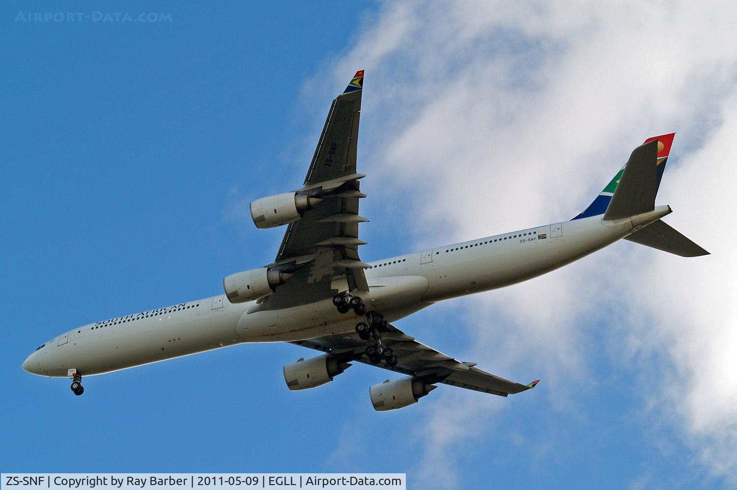 ZS-SNF, 2003 Airbus A340-642 C/N 547, Airbus A340-642 [547] (South African Airways) Home~G 09/05/2011. On approach 27R.