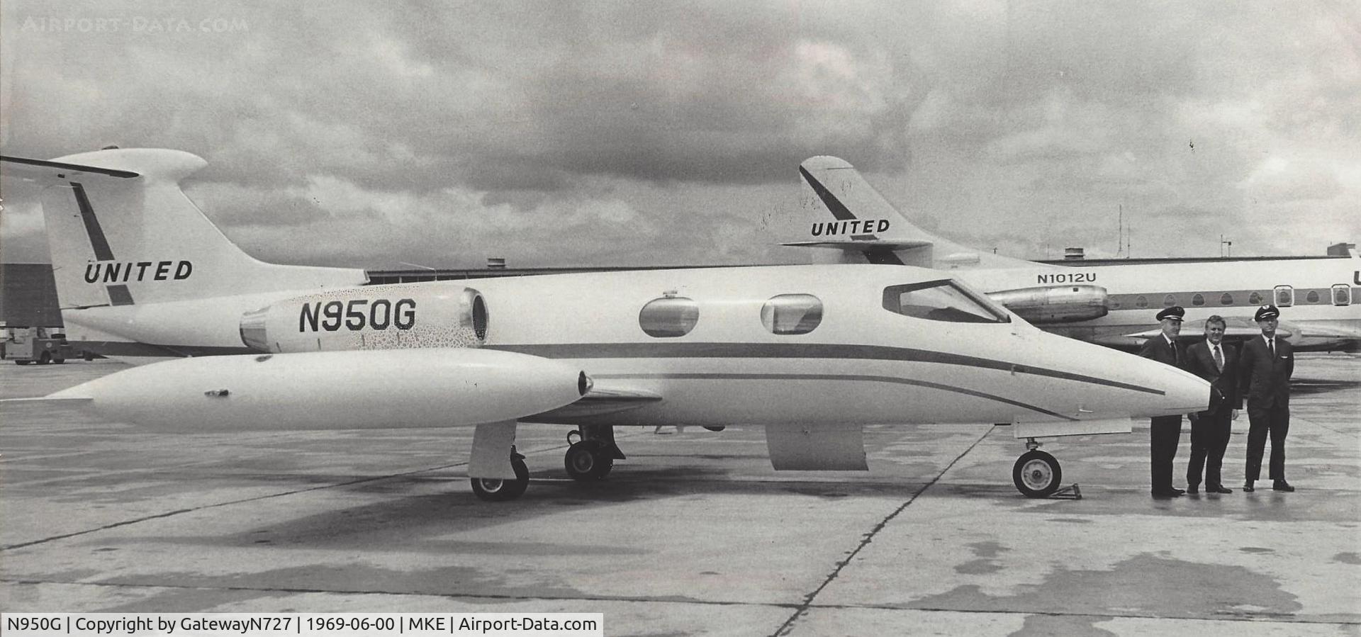 N950G, 1969 Learjet 24B C/N 184, Pilots, L to R, Cap. William Meston; Cap. Glenn A. Allred, Asst. Flight School Director (DENTK); Cap. Claron Pratt. Aircraft was used to transition new United pilots to jets.