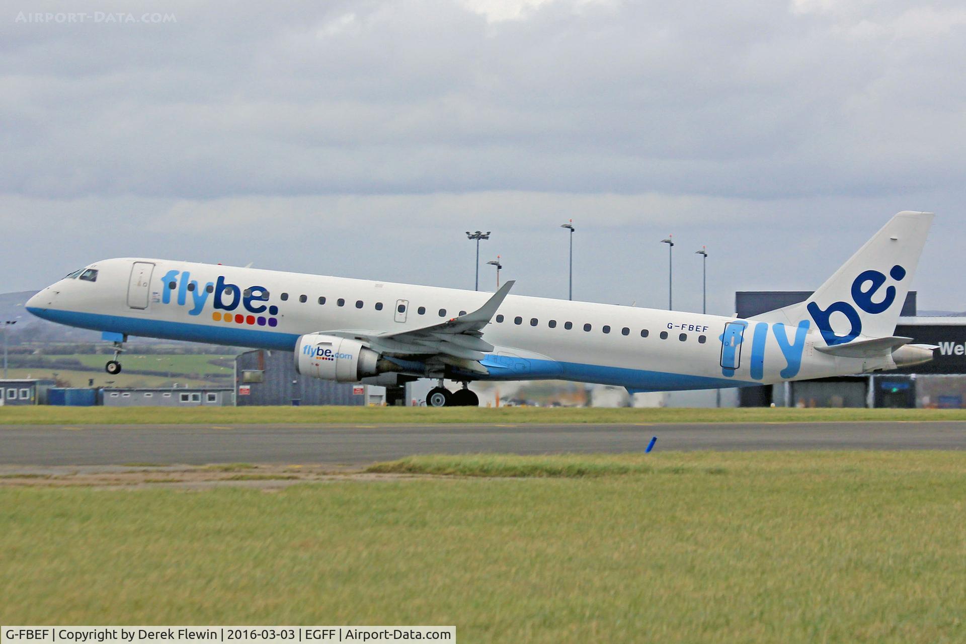 G-FBEF, 2007 Embraer 195LR (ERJ-190-200LR) C/N 19000104, Embraer 195, Flybe, previously PT-SNY, callsign Jersey 4TE, departing runway 30 en-route to Glasgow.